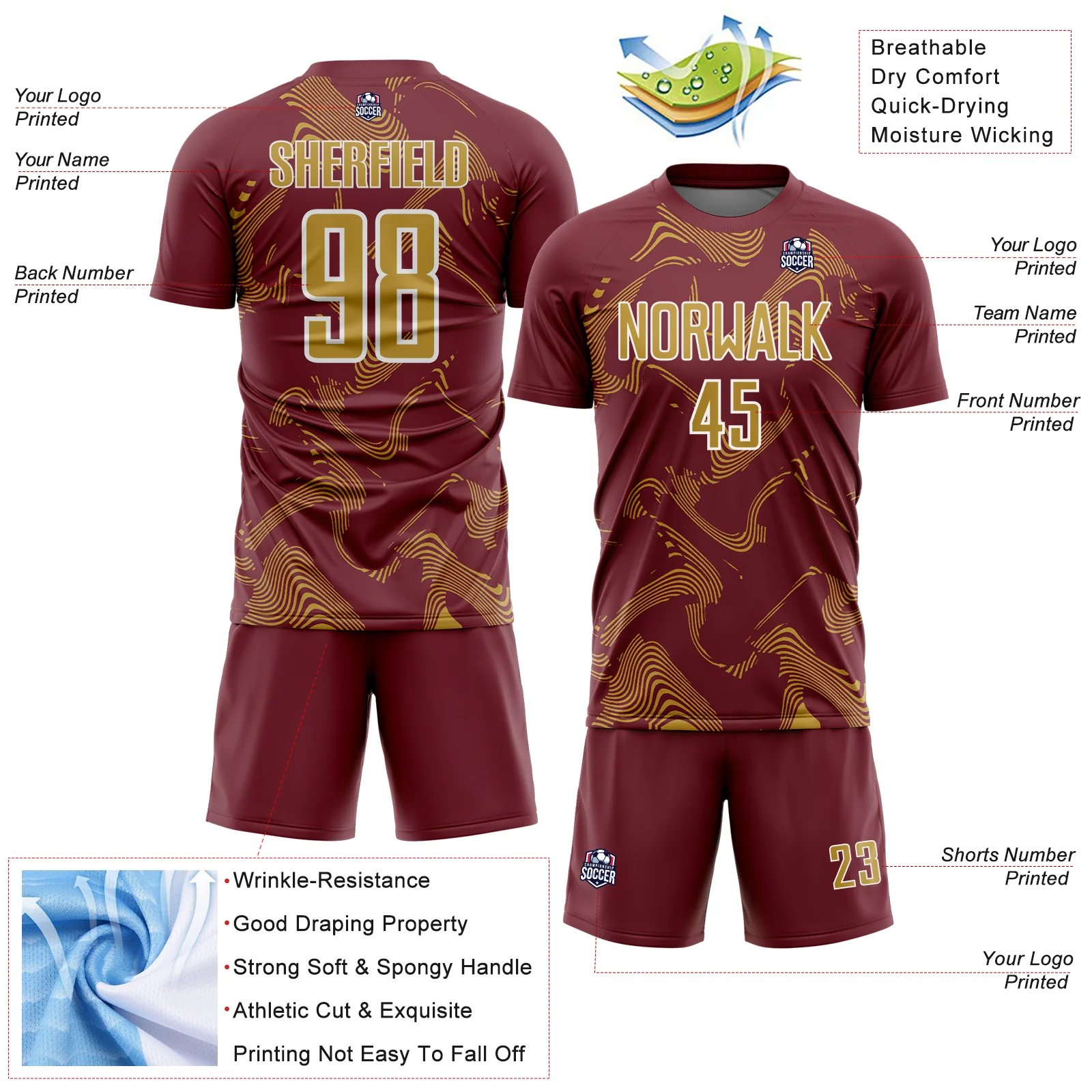 Custom Burgundy Old Gold-White Curve Lines Sports Sublimation Soccer Uniform Jersey - Image 4