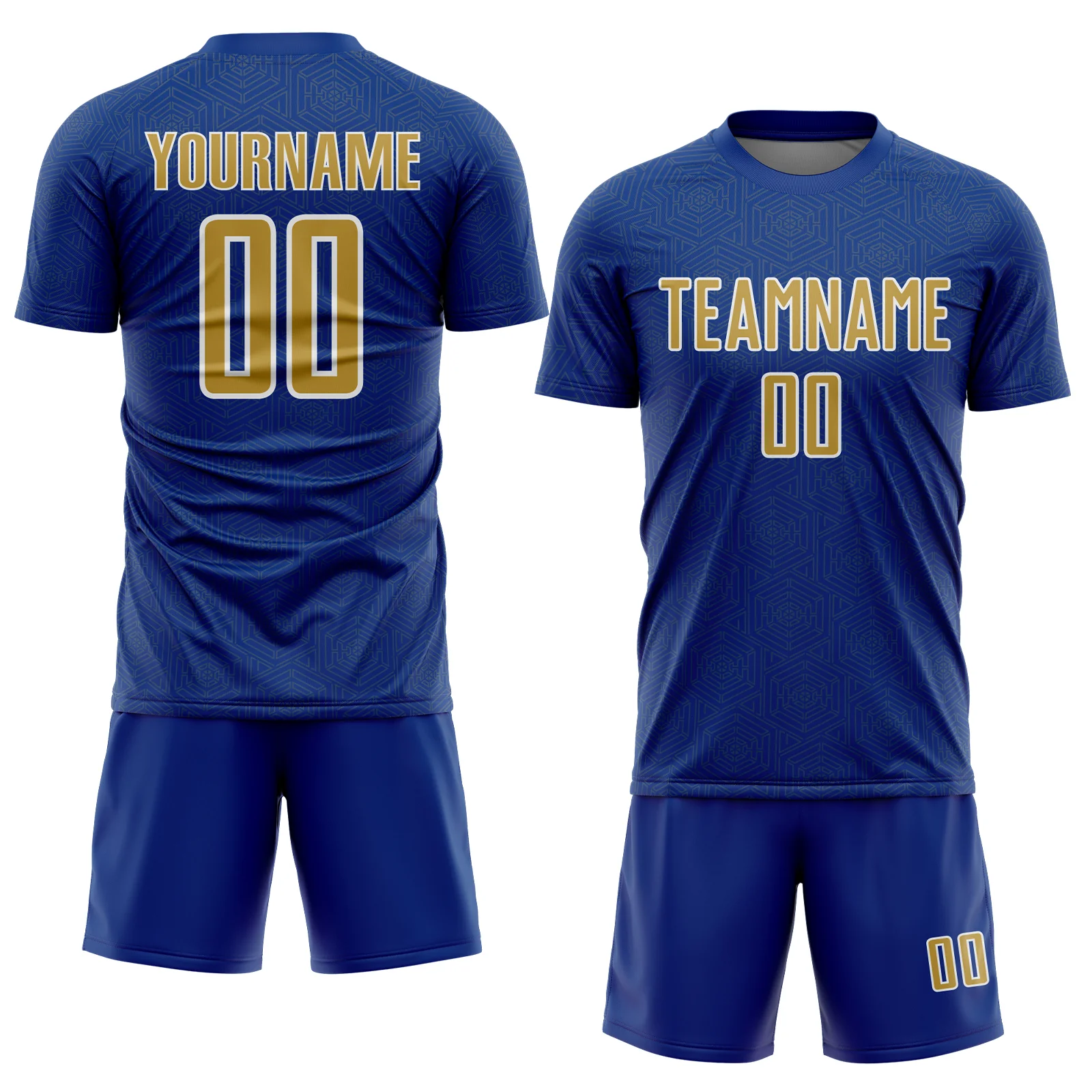 Custom Royal Old Gold-White Geometric Shape Sports Sublimation Soccer Uniform Jersey - Image 2