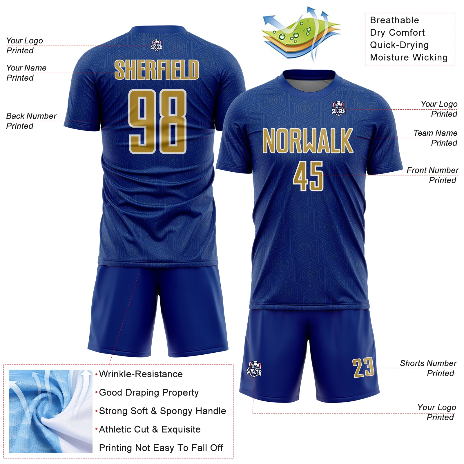 Custom Royal Old Gold-White Geometric Shape Sports Sublimation Soccer Uniform Jersey - Image 4