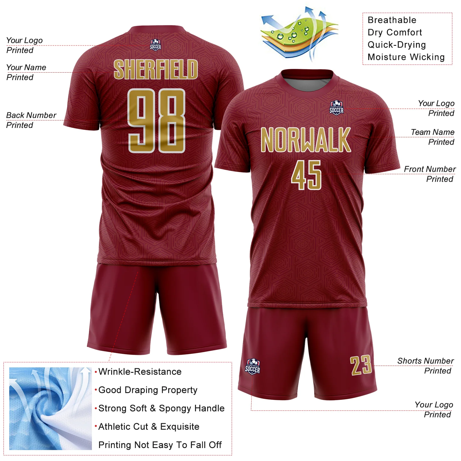 Custom Crimson Old Gold-White Geometric Shape Sports Sublimation Soccer Uniform Jersey - Image 4