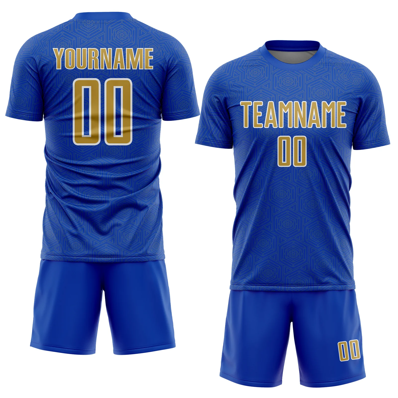 Custom Thunder Blue Old Gold-White Geometric Shape Sports Sublimation Soccer Uniform Jersey - Image 2