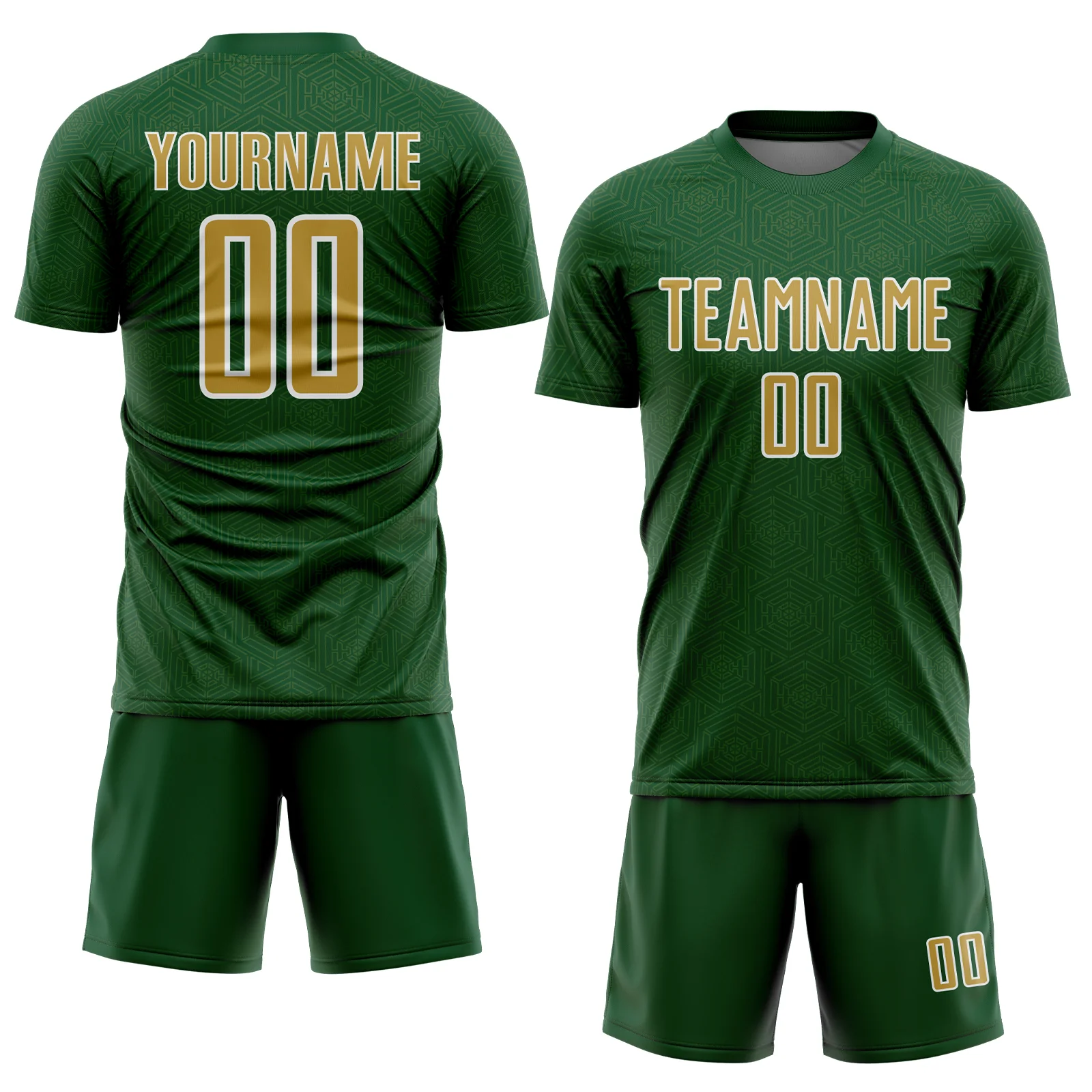 Custom Green Old Gold-White Geometric Shape Sports Sublimation Soccer Uniform Jersey - Image 2