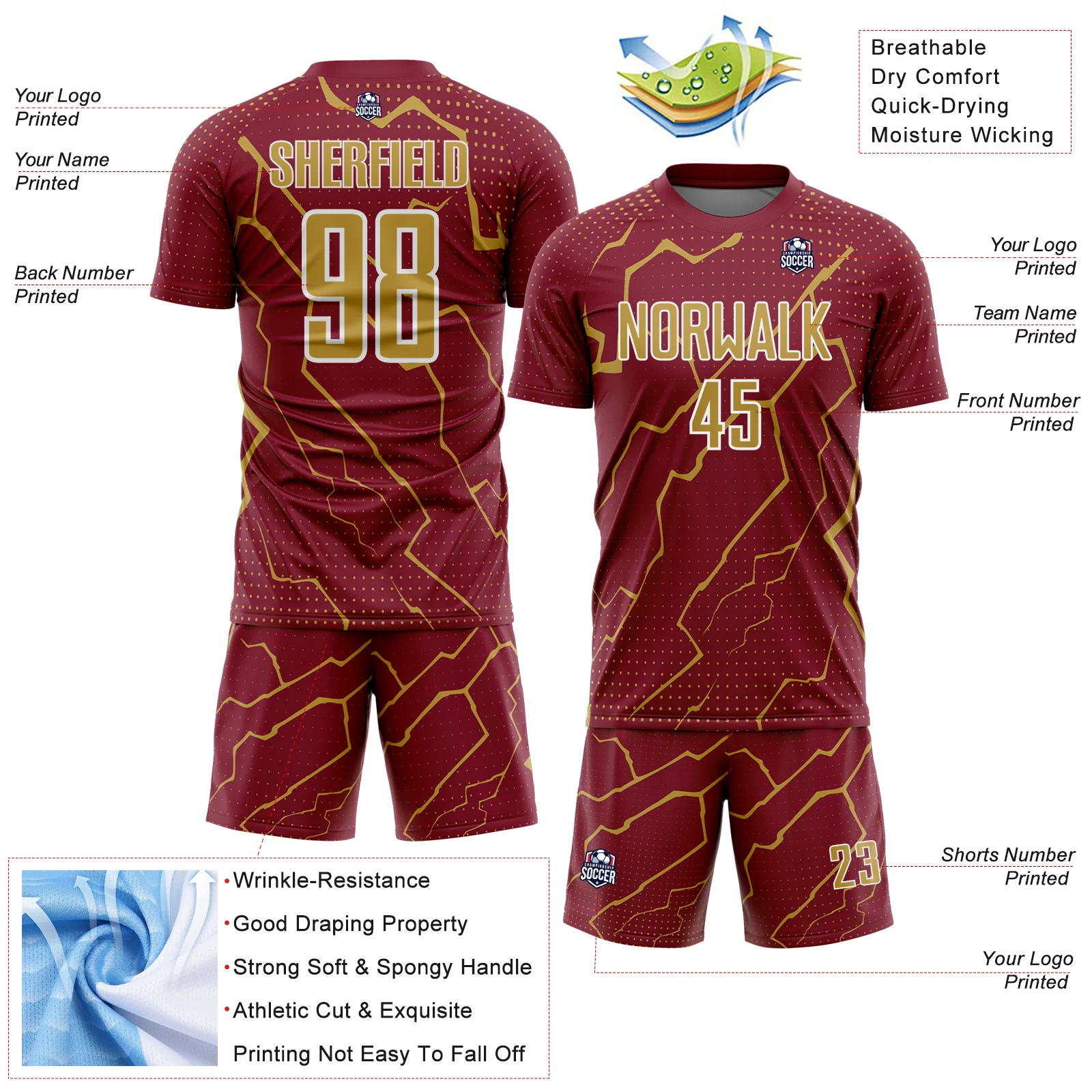 Custom Crimson Old Gold-White Lightning Sports Sublimation Soccer Uniform Jersey - Image 4