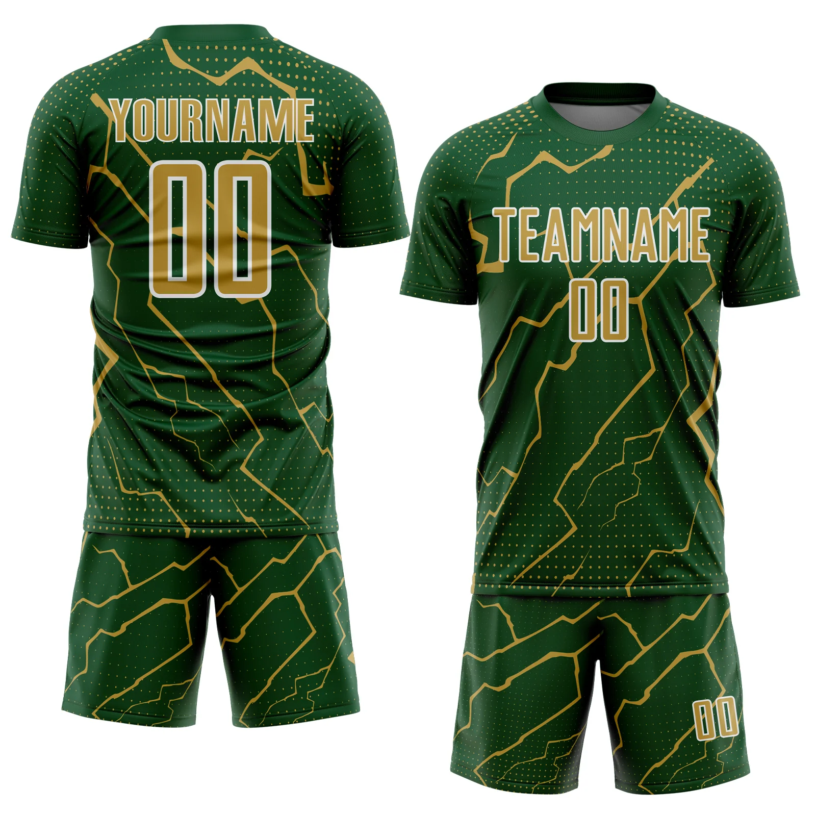Custom Green Old Gold-White Lightning Sports Sublimation Soccer Uniform Jersey - Image 2