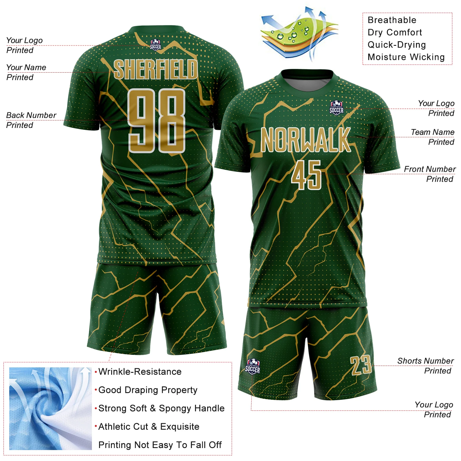 Custom Green Old Gold-White Lightning Sports Sublimation Soccer Uniform Jersey - Image 4