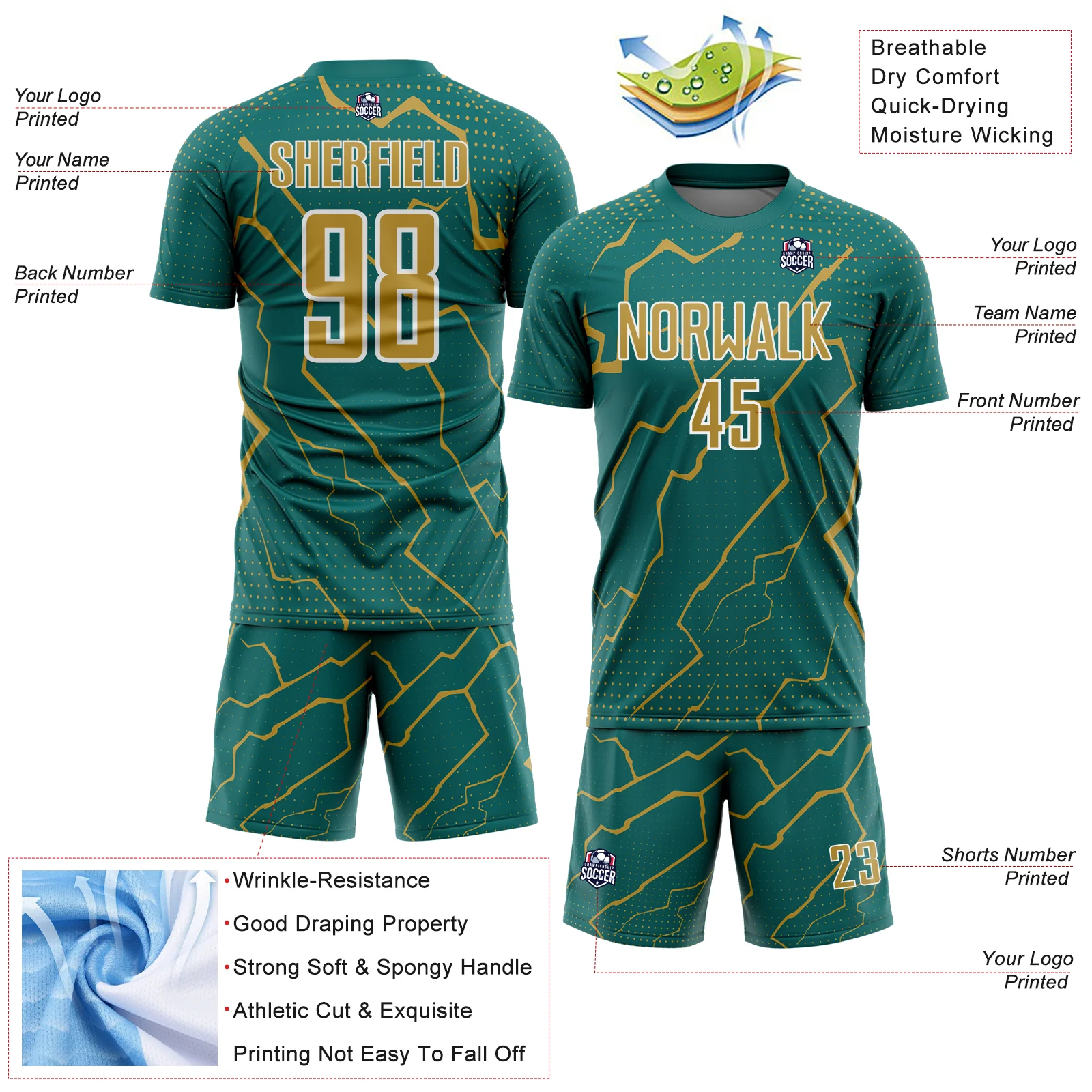 Custom Teal Old Gold-White Lightning Sports Sublimation Soccer Uniform Jersey - Image 4