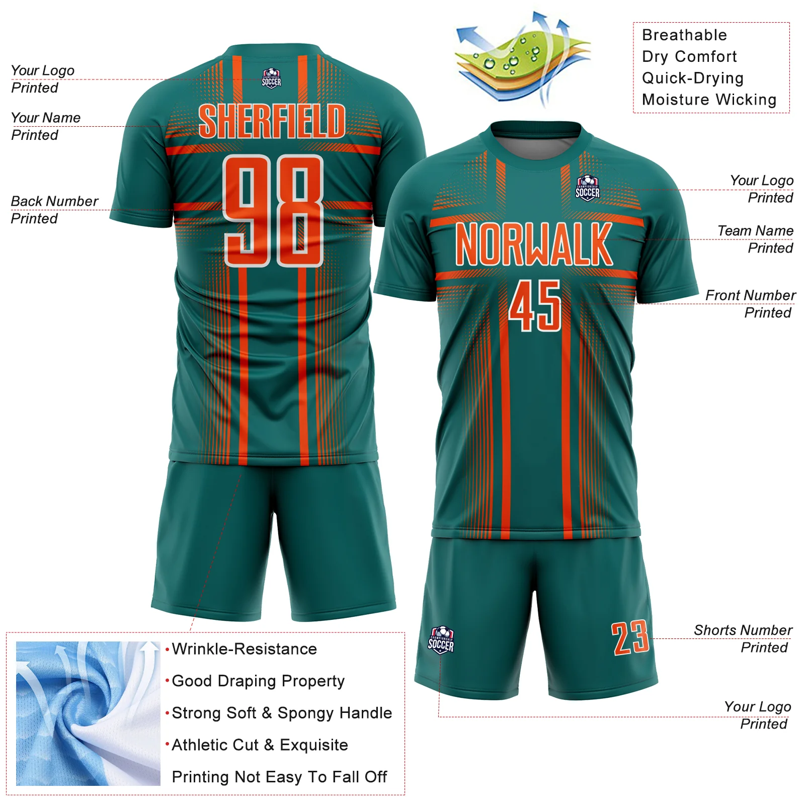 Custom Teal Orange-White Lines Sublimation Soccer Uniform Jersey - Image 4