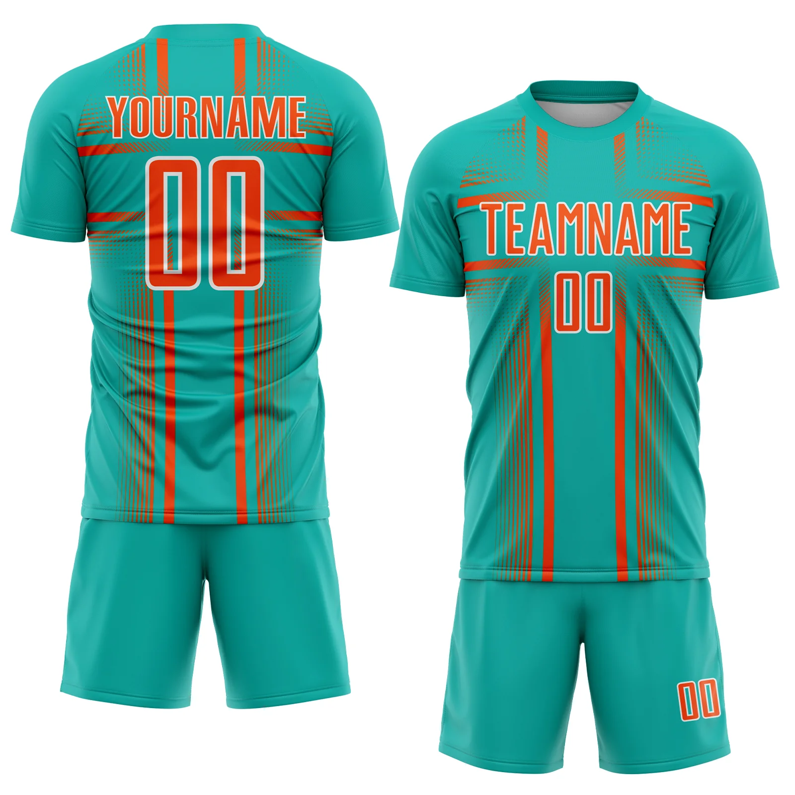 Custom Aqua Orange-White Lines Sublimation Soccer Uniform Jersey - Image 2