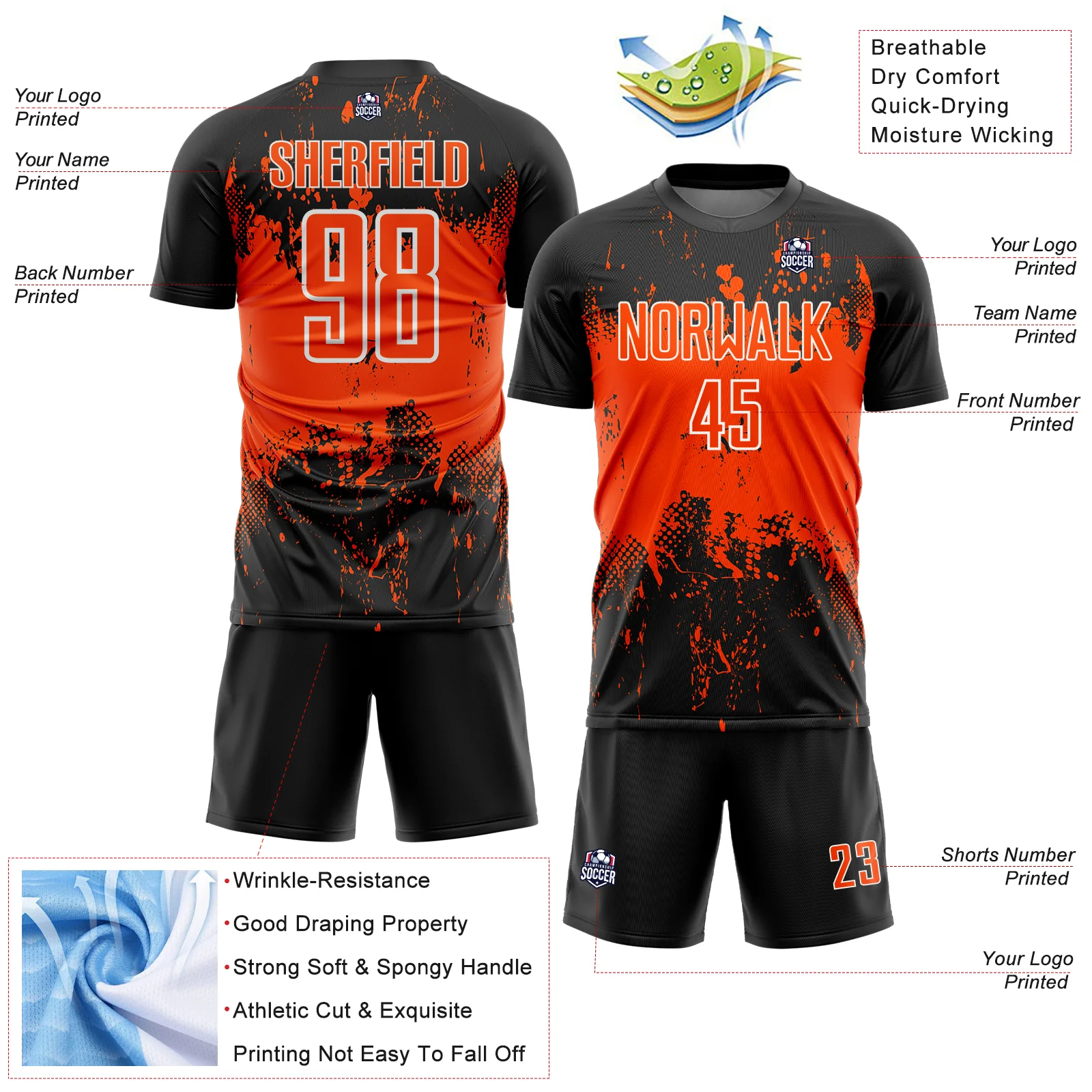 Custom Black Orange-White Abstract Splatter Grunge Art Sports Sublimation Soccer Uniform Jersey - Image 4