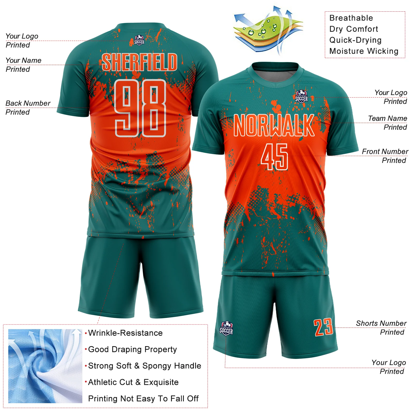 Custom Teal Orange-White Abstract Splatter Grunge Art Sports Sublimation Soccer Uniform Jersey - Image 4