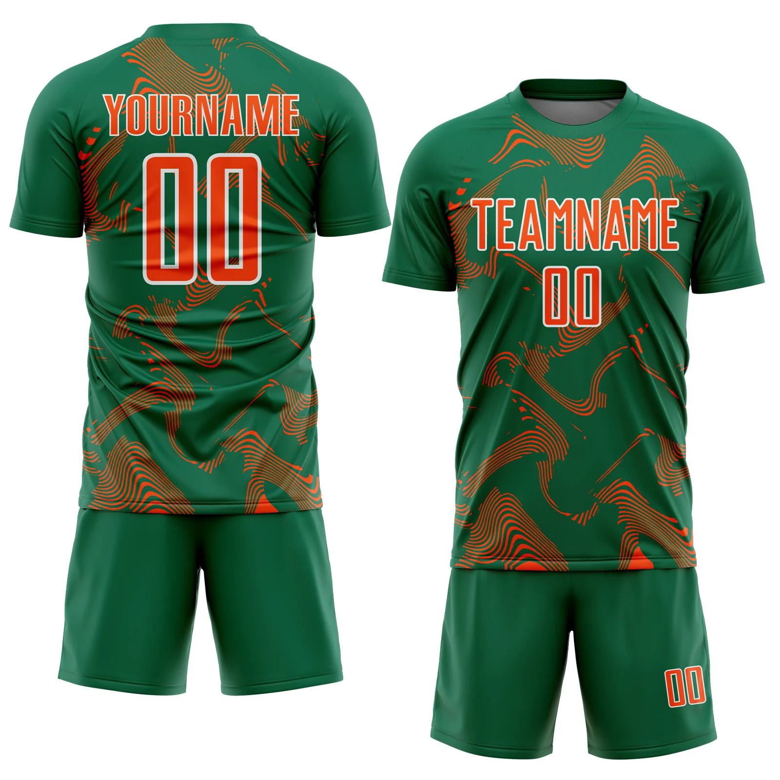 Custom Kelly Green Orange-White Curve Lines Sports Sublimation Soccer Uniform Jersey - Image 2