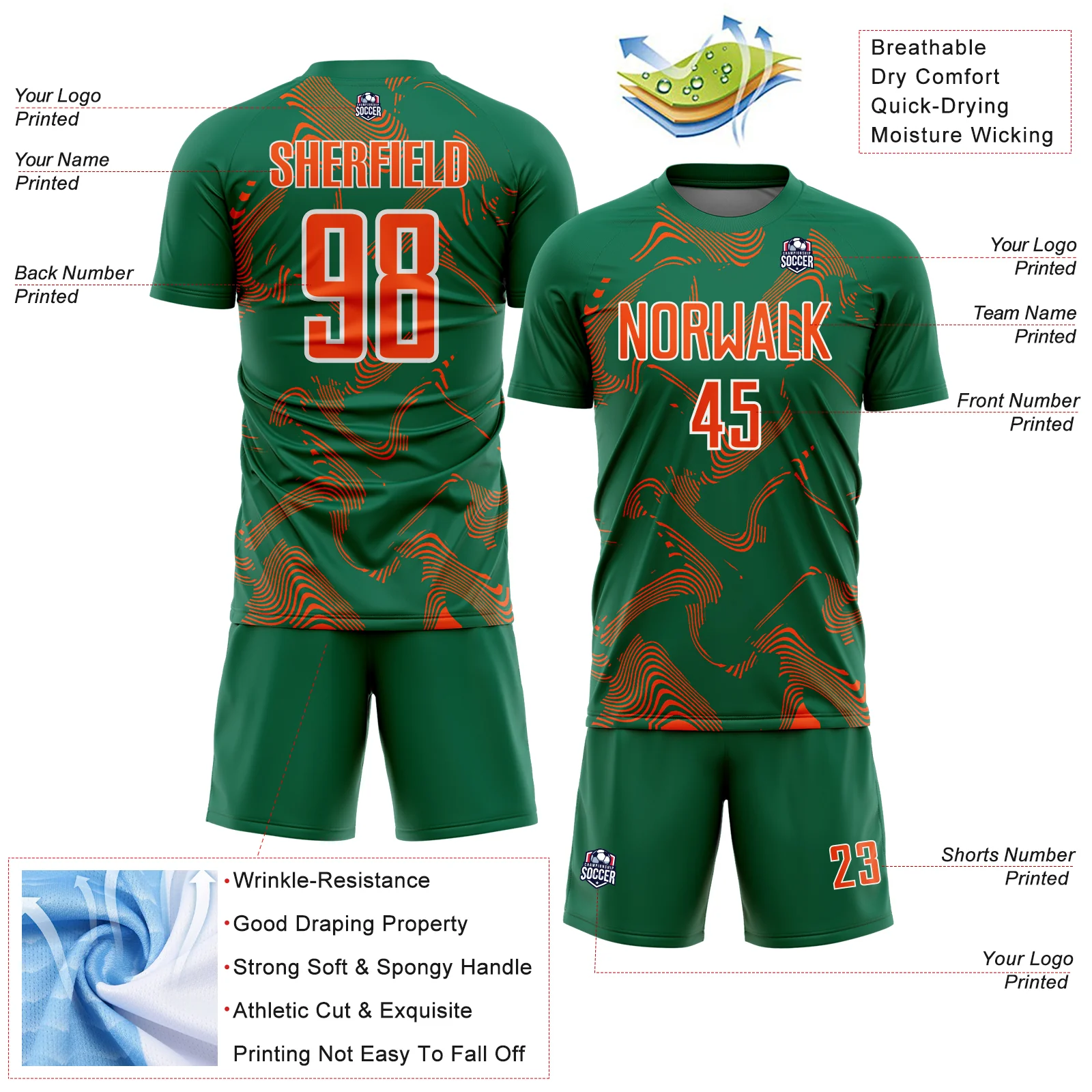 Custom Kelly Green Orange-White Curve Lines Sports Sublimation Soccer Uniform Jersey - Image 4