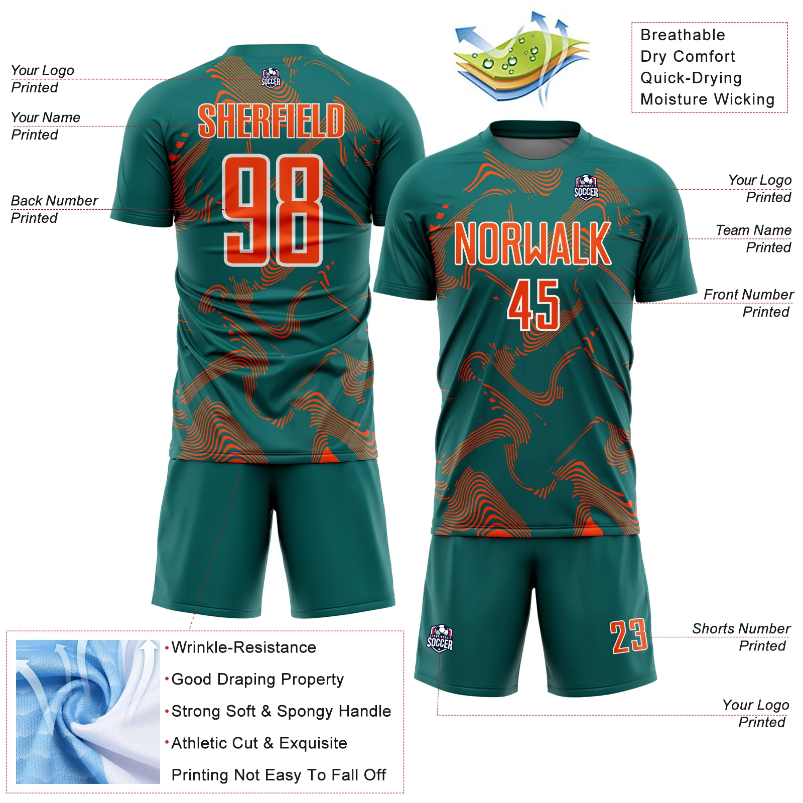 Custom Teal Orange-White Curve Lines Sports Sublimation Soccer Uniform Jersey - Image 4