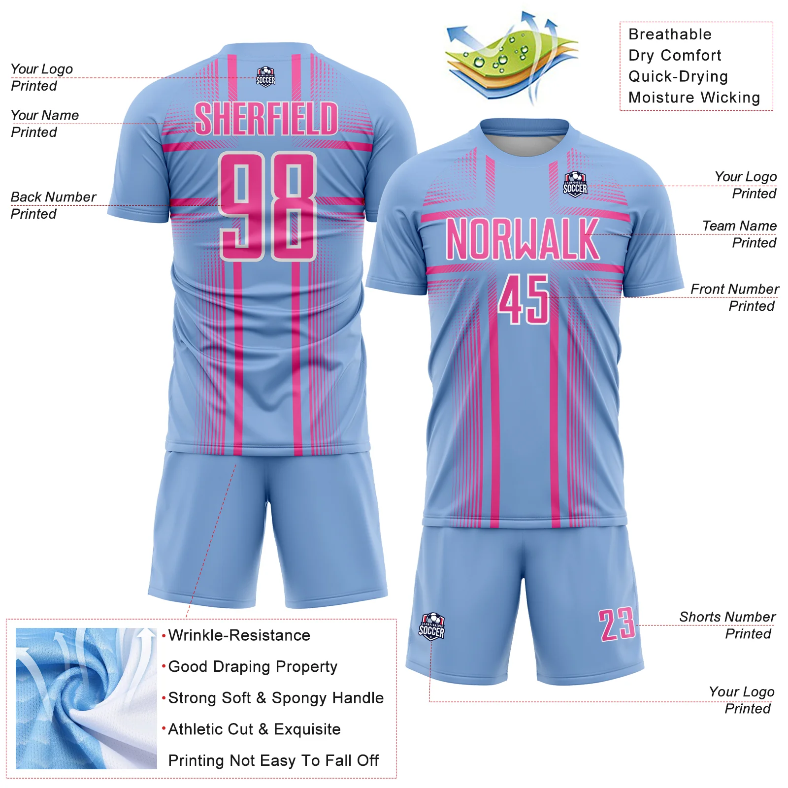 Custom Light Blue Pink-White Lines Sublimation Soccer Uniform Jersey - Image 4