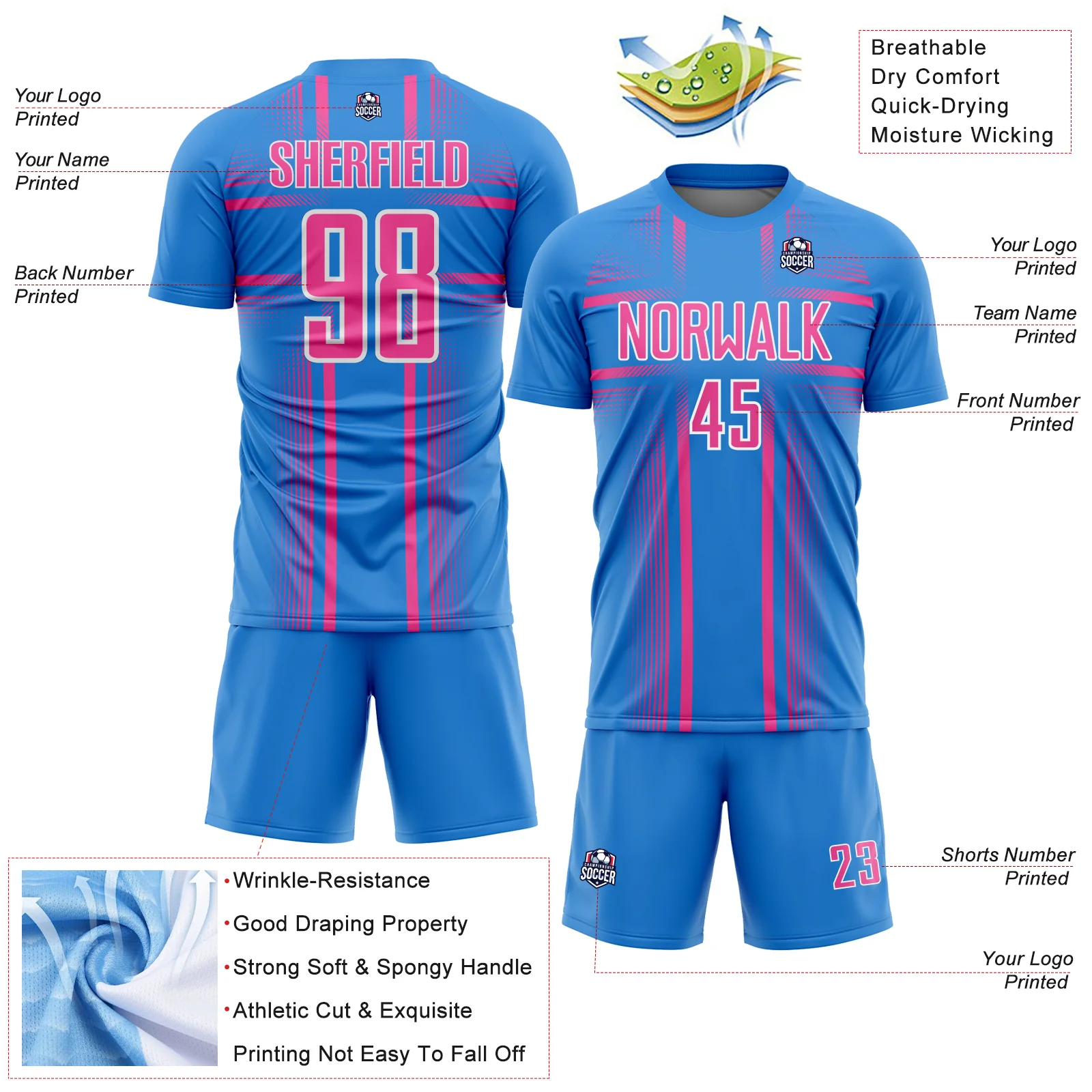 Custom Powder Blue Pink-White Lines Sublimation Soccer Uniform Jersey - Image 4