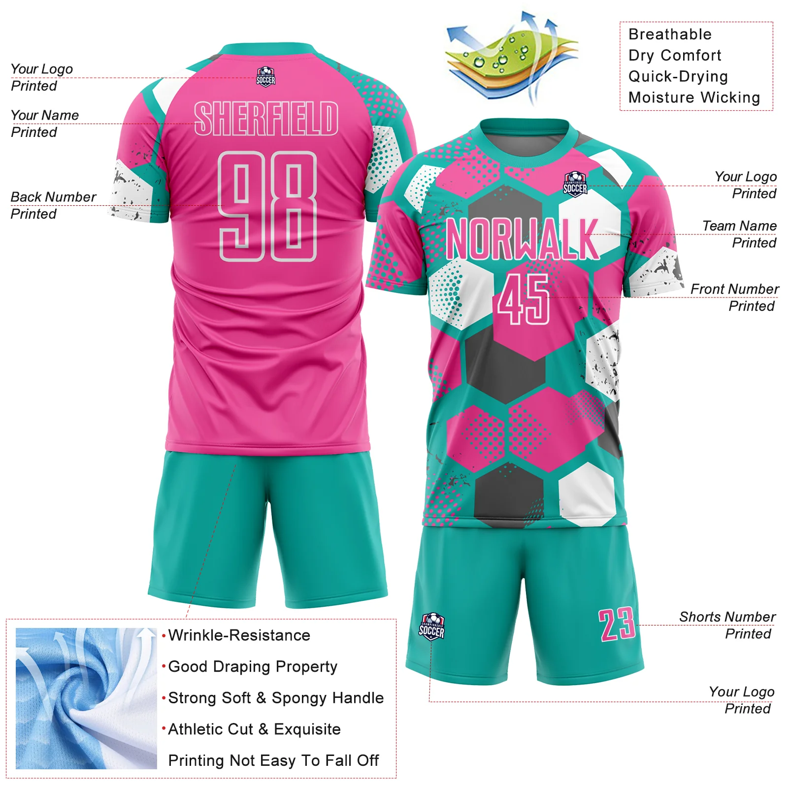 Custom Aqua Pink-White Geometric Shape Sublimation Soccer Uniform Jersey - Image 4