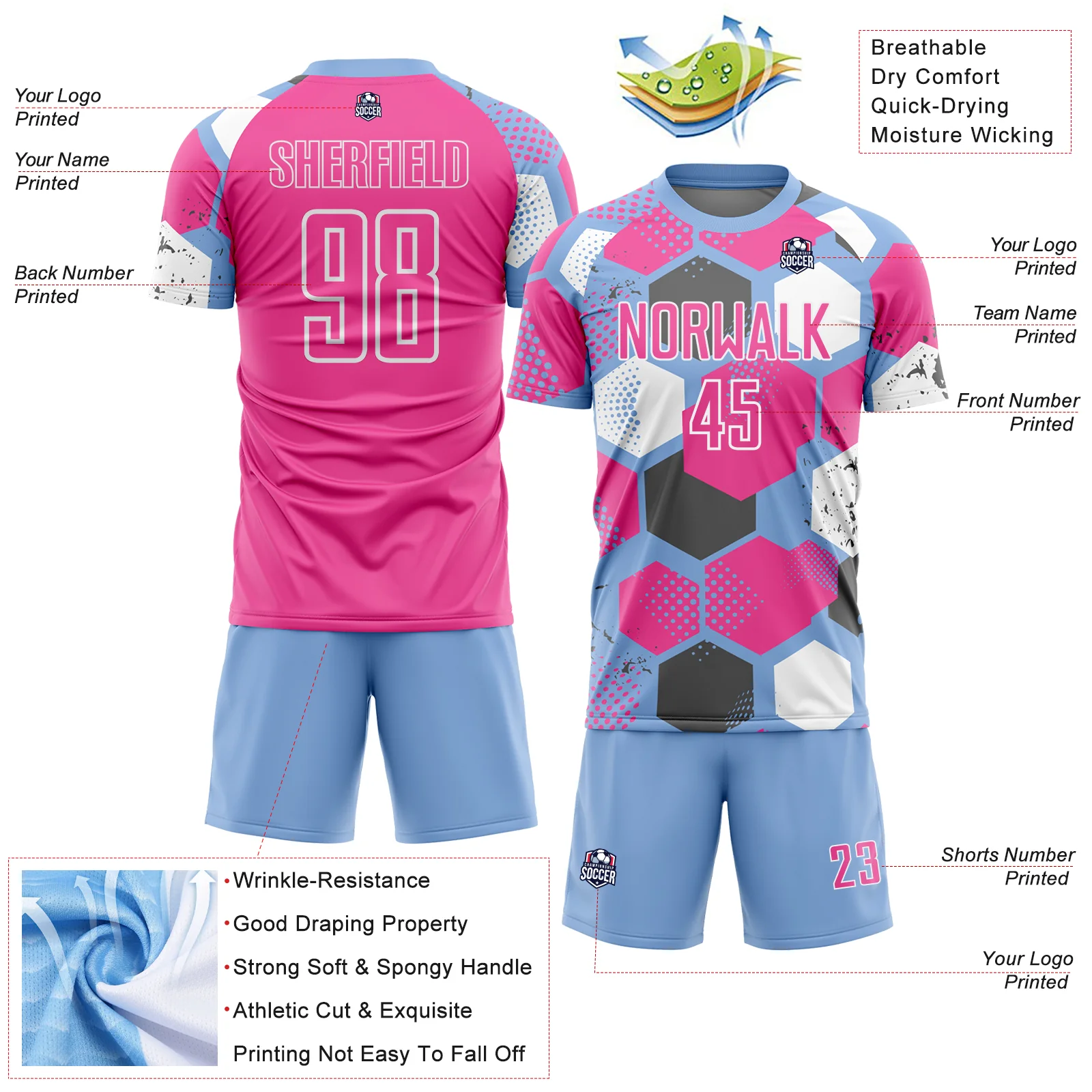 Custom Light Blue Pink-White Geometric Shape Sublimation Soccer Uniform Jersey - Image 4