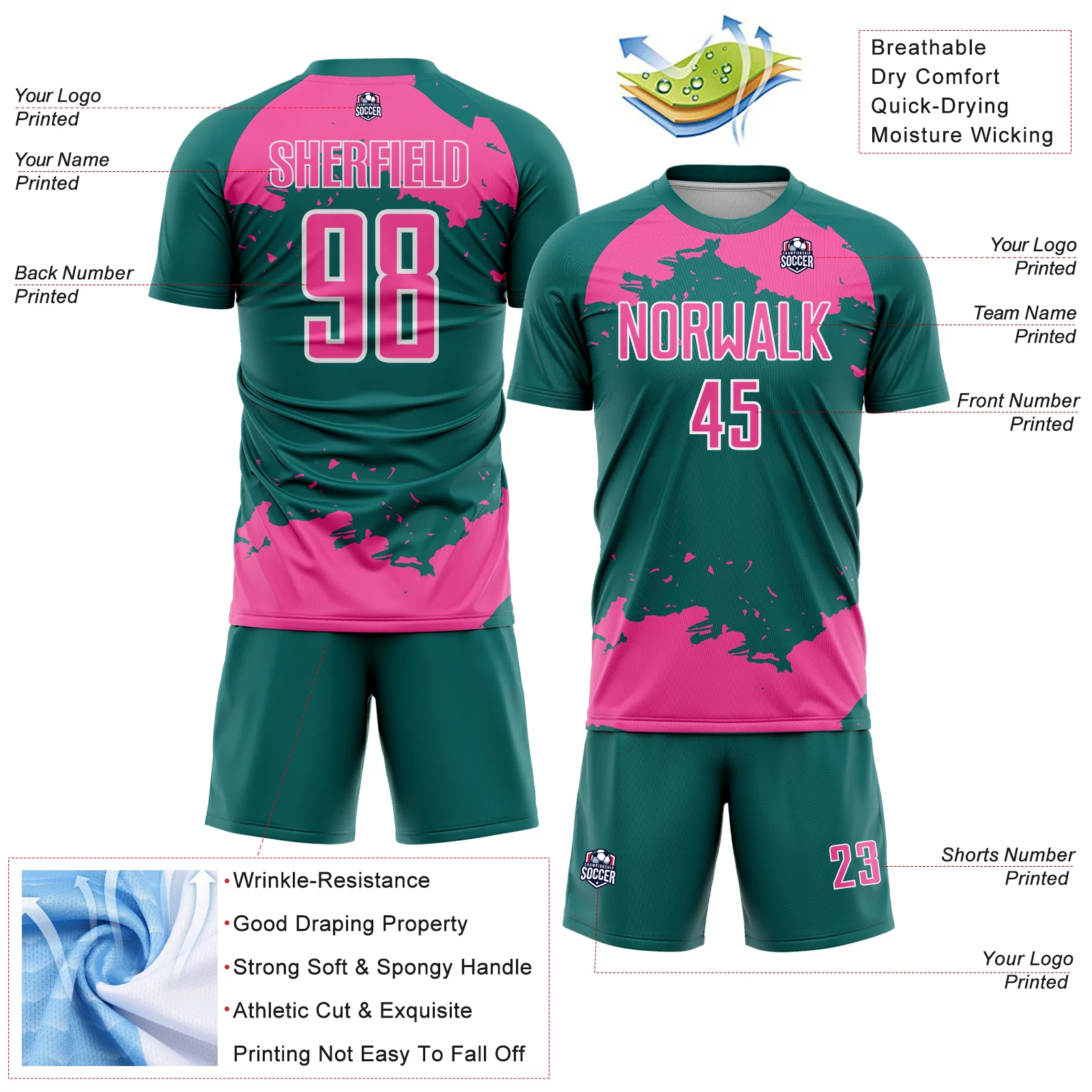 Custom Teal Pink-White Abstract Fragment Art Sublimation Soccer Uniform Jersey - Image 4
