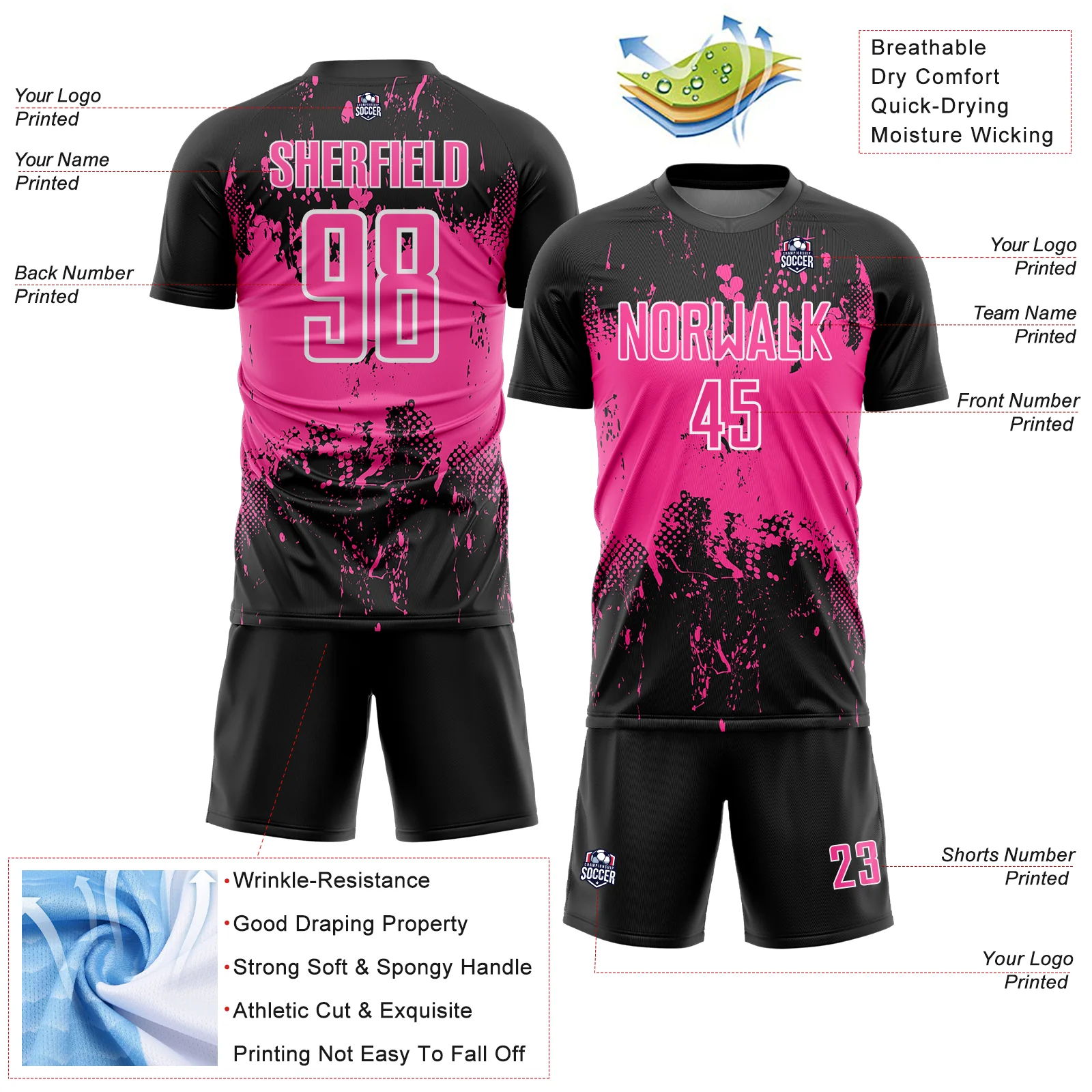 Custom Black Pink-White Abstract Splatter Grunge Art Sports Sublimation Soccer Uniform Jersey - Image 4