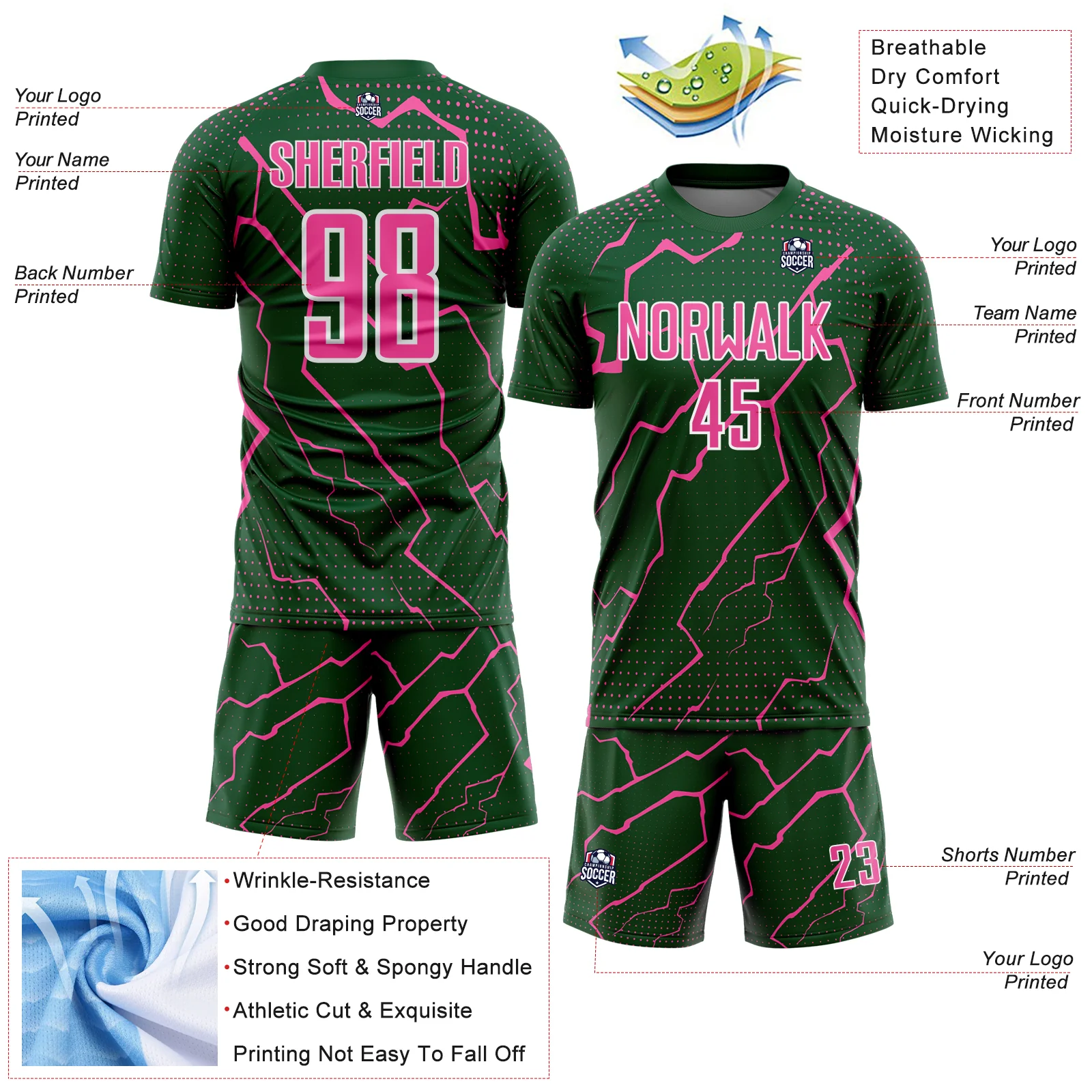 Custom Green Pink-White Lightning Sports Sublimation Soccer Uniform Jersey - Image 4
