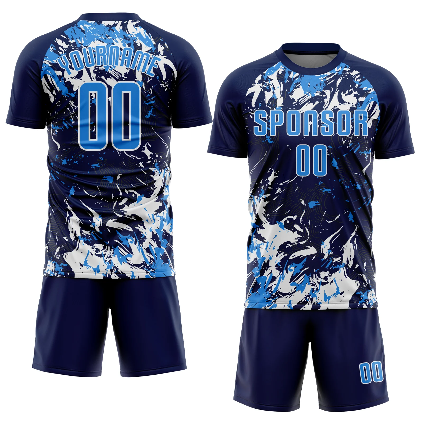 Custom Navy Powder Blue-White Fluid Art Splash Sublimation Soccer Uniform Jersey - Image 2