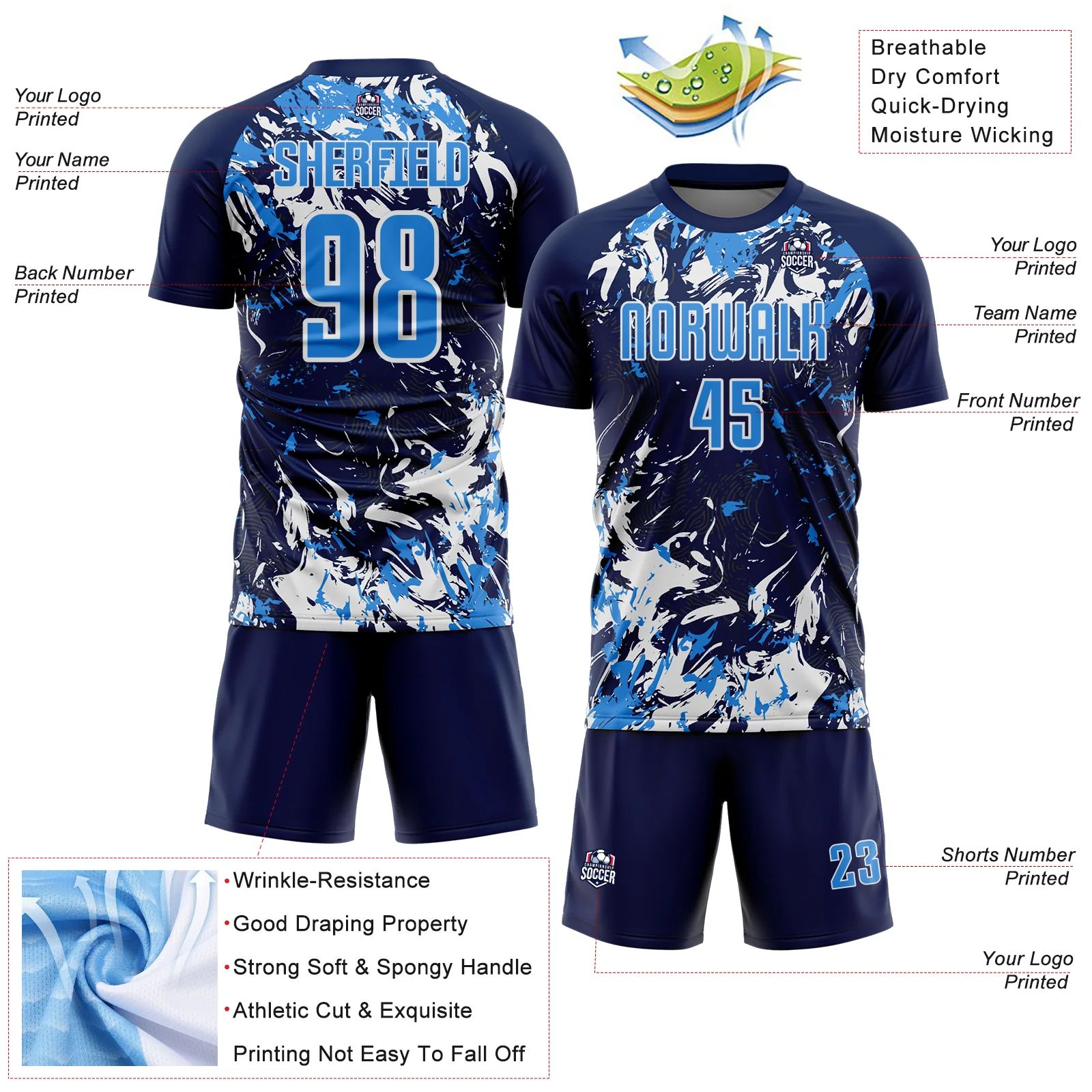 Custom Navy Powder Blue-White Fluid Art Splash Sublimation Soccer Uniform Jersey - Image 4