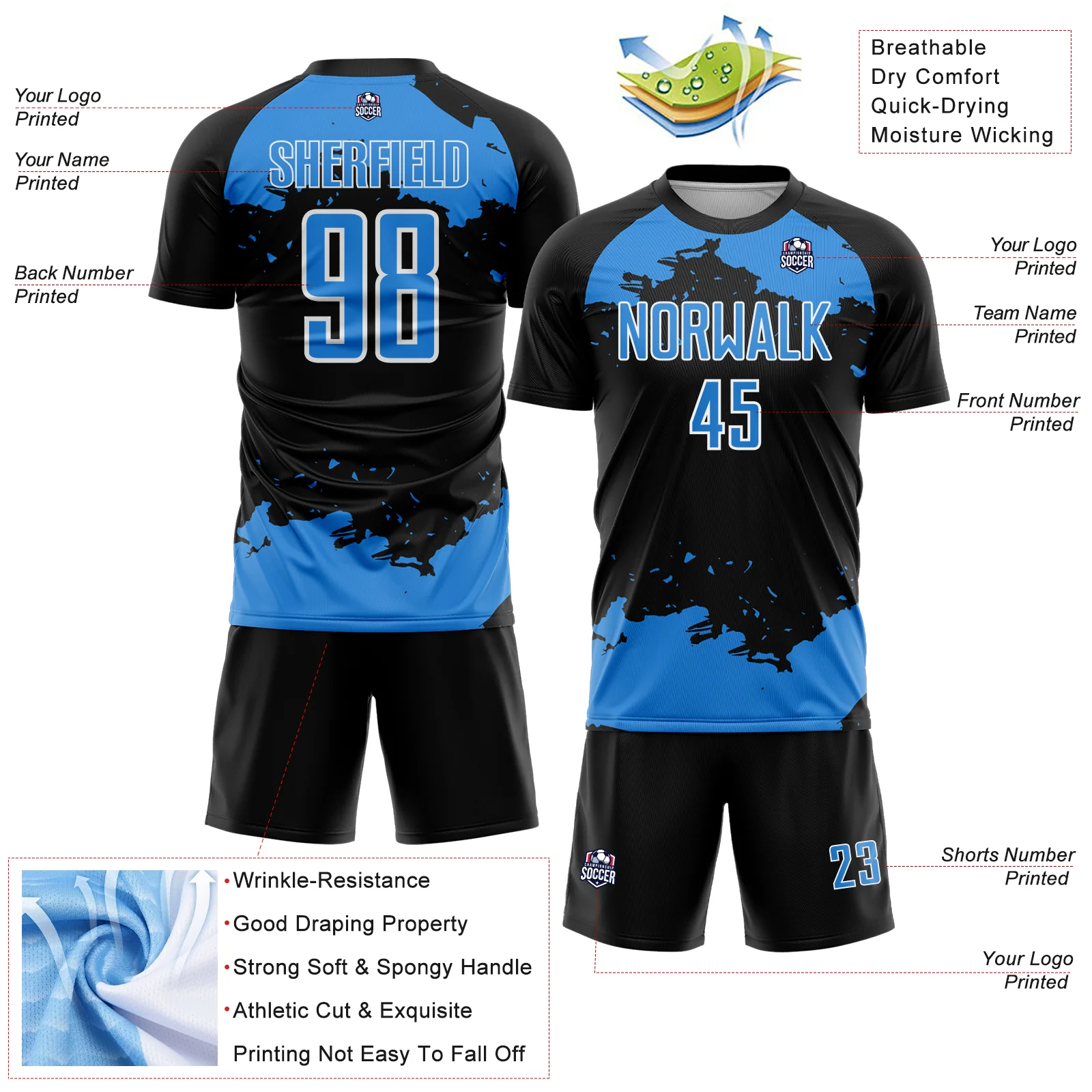 Custom Black Powder Blue-White Abstract Fragment Art Sublimation Soccer Uniform Jersey - Image 4