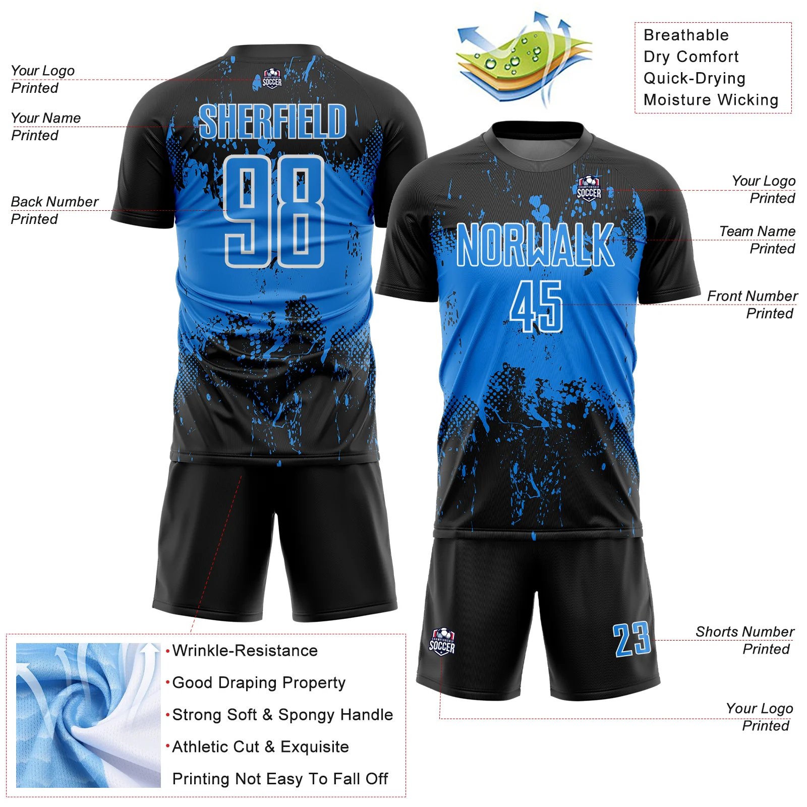Custom Black Powder Blue-White Abstract Splatter Grunge Art Sports Sublimation Soccer Uniform Jersey - Image 4