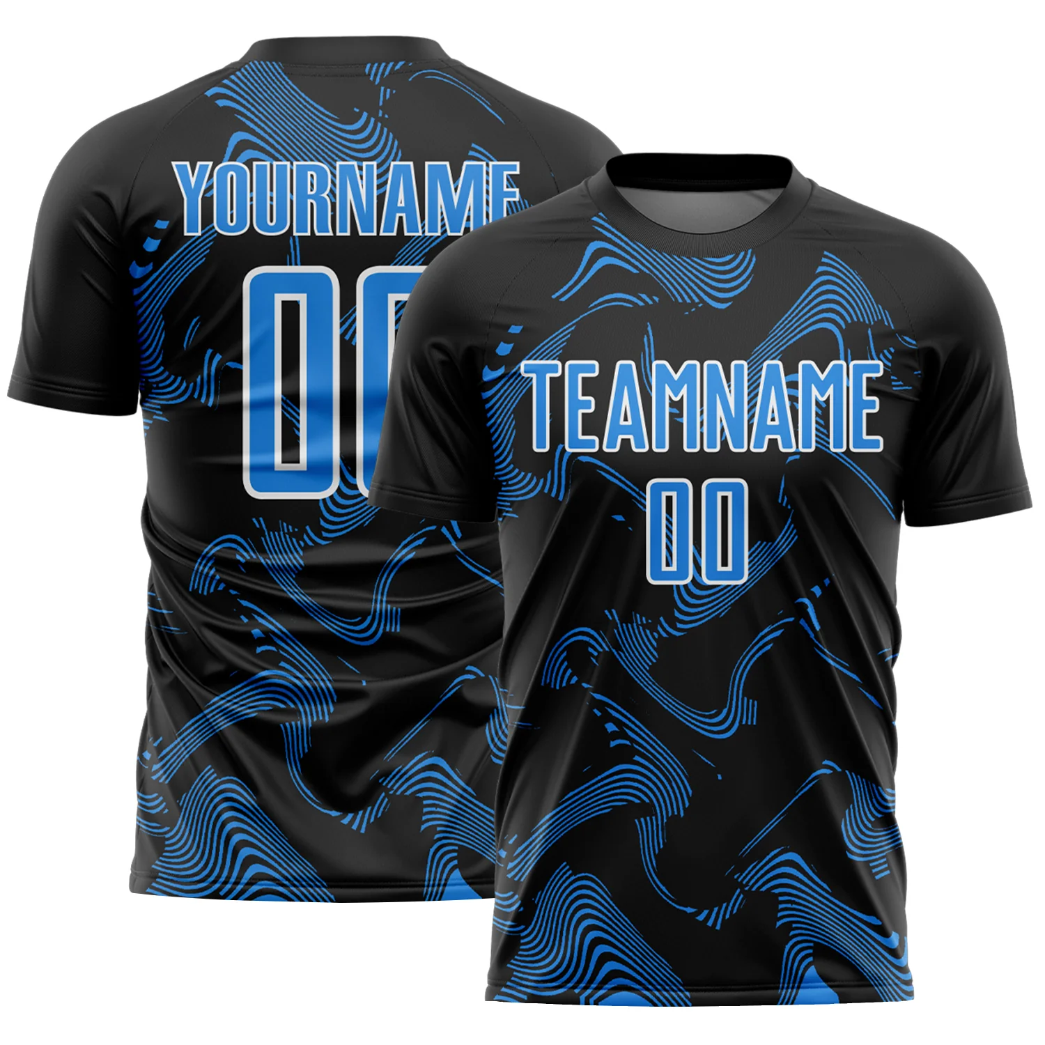 Custom Black Powder Blue-White Curve Lines Sports Sublimation Soccer Uniform Jersey