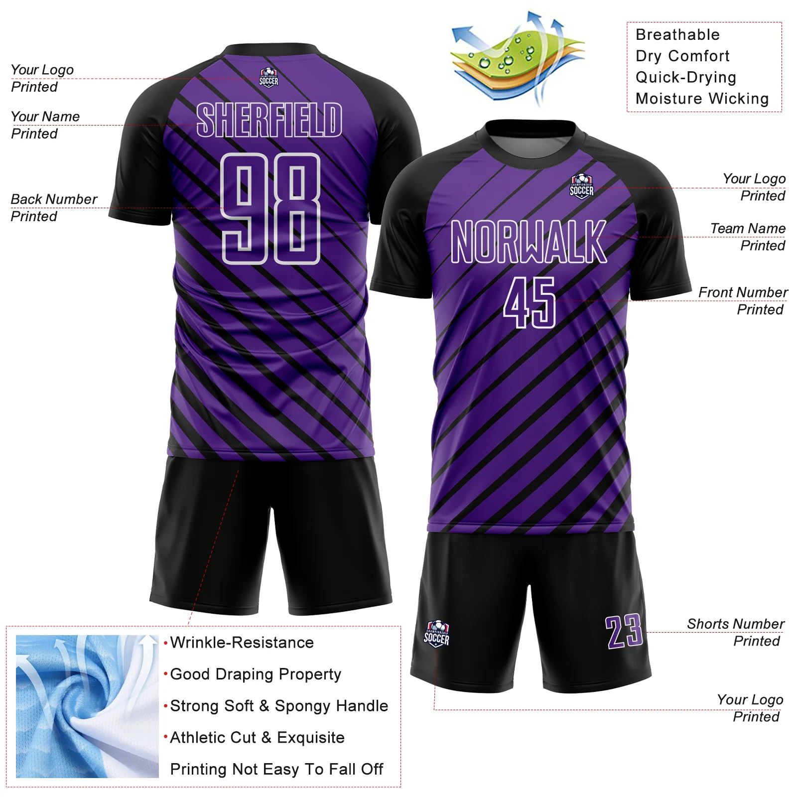 Custom Black Purple-White Lines Sublimation Soccer Uniform Jersey - Image 4