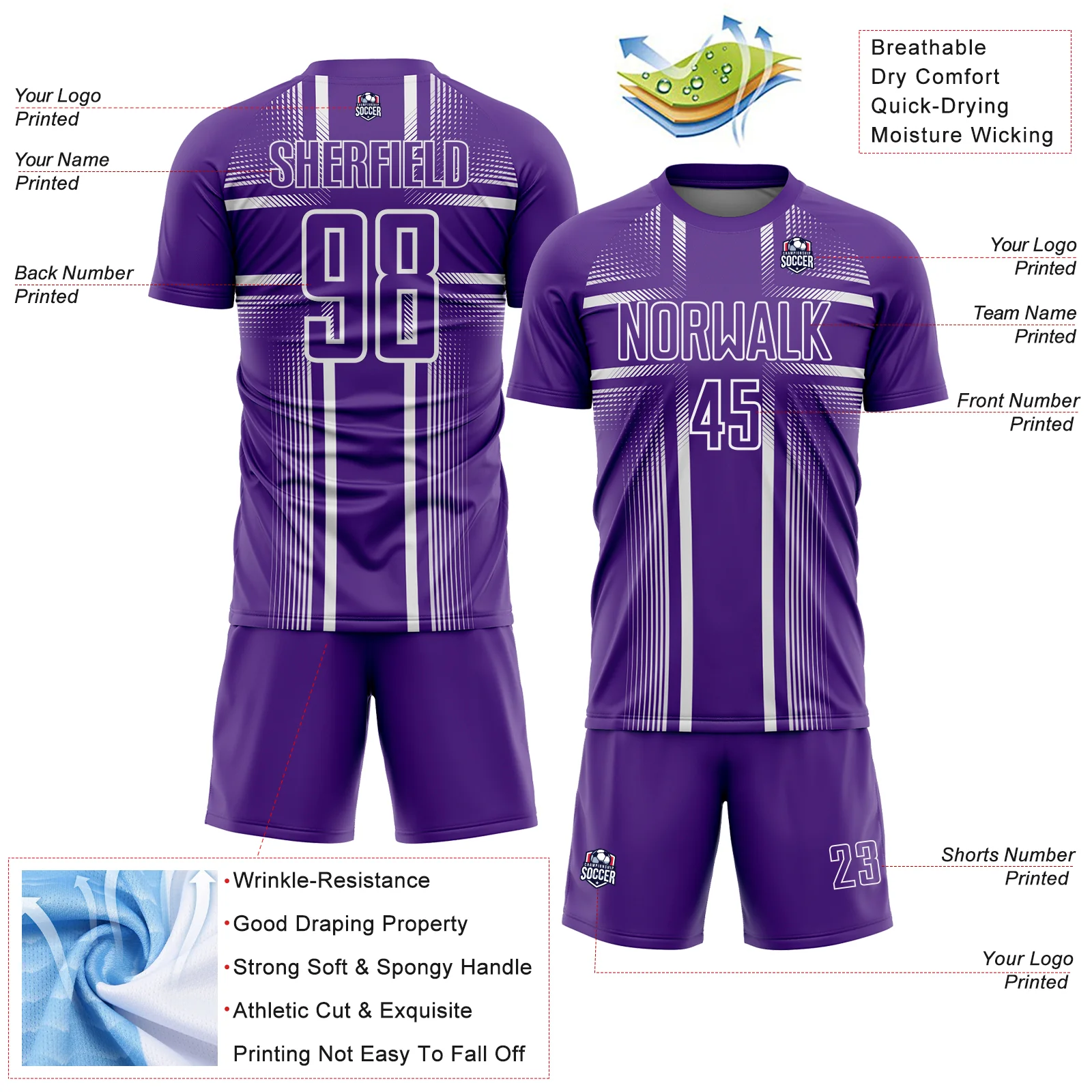 Custom Purple White Lines Sublimation Soccer Uniform Jersey - Image 4