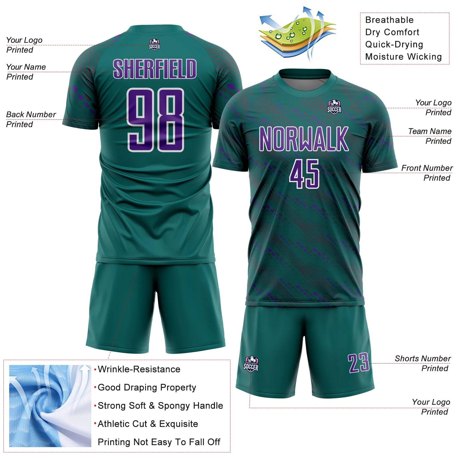 Custom Teal Purple-White Slant Lines Sports Sublimation Soccer Uniform Jersey - Image 4