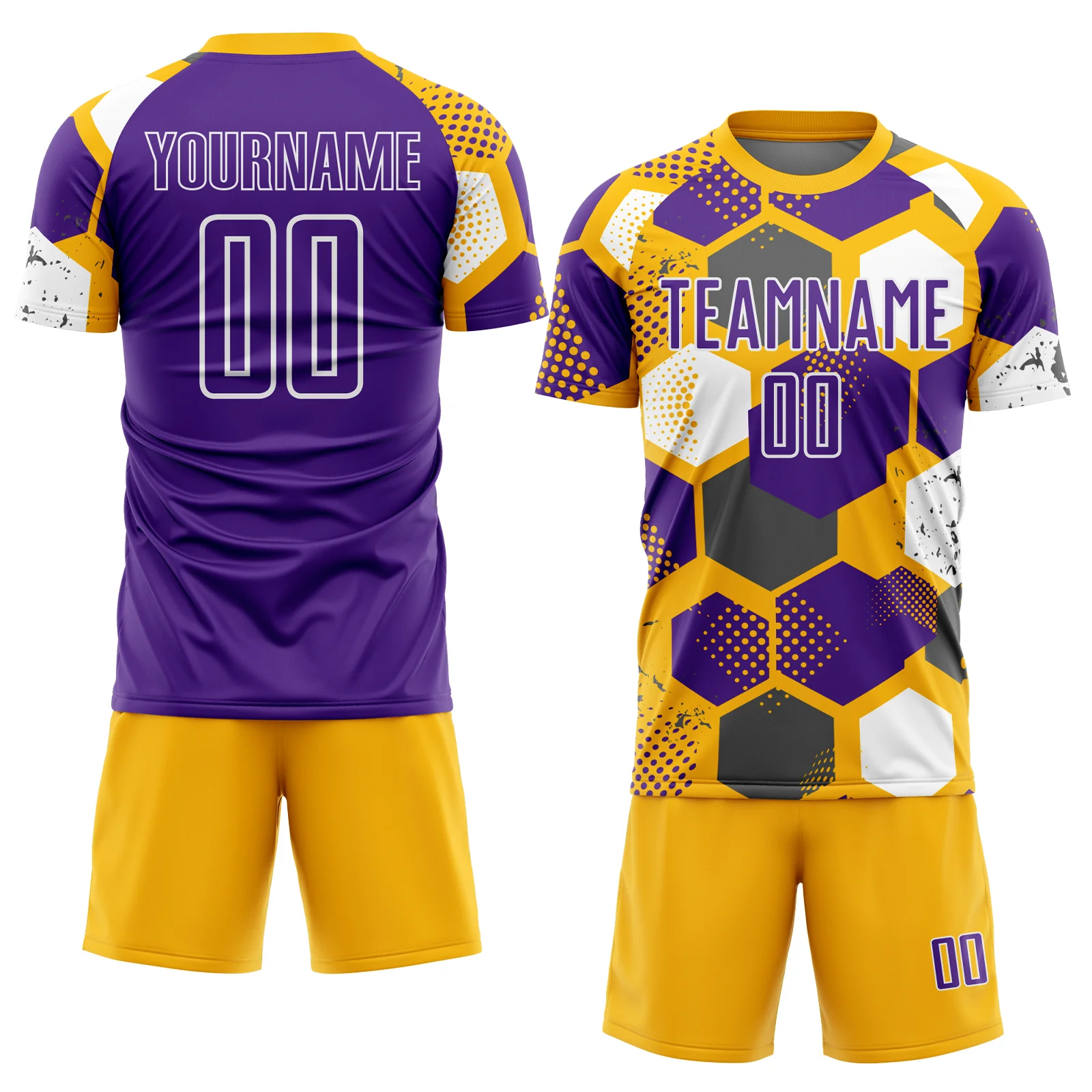 Custom Gold Purple-White Geometric Shape Sublimation Soccer Uniform Jersey - Image 2
