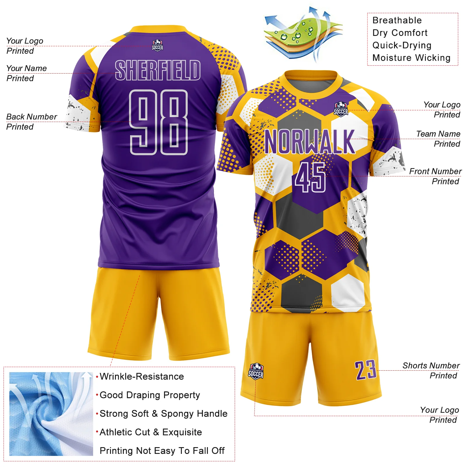 Custom Gold Purple-White Geometric Shape Sublimation Soccer Uniform Jersey - Image 4