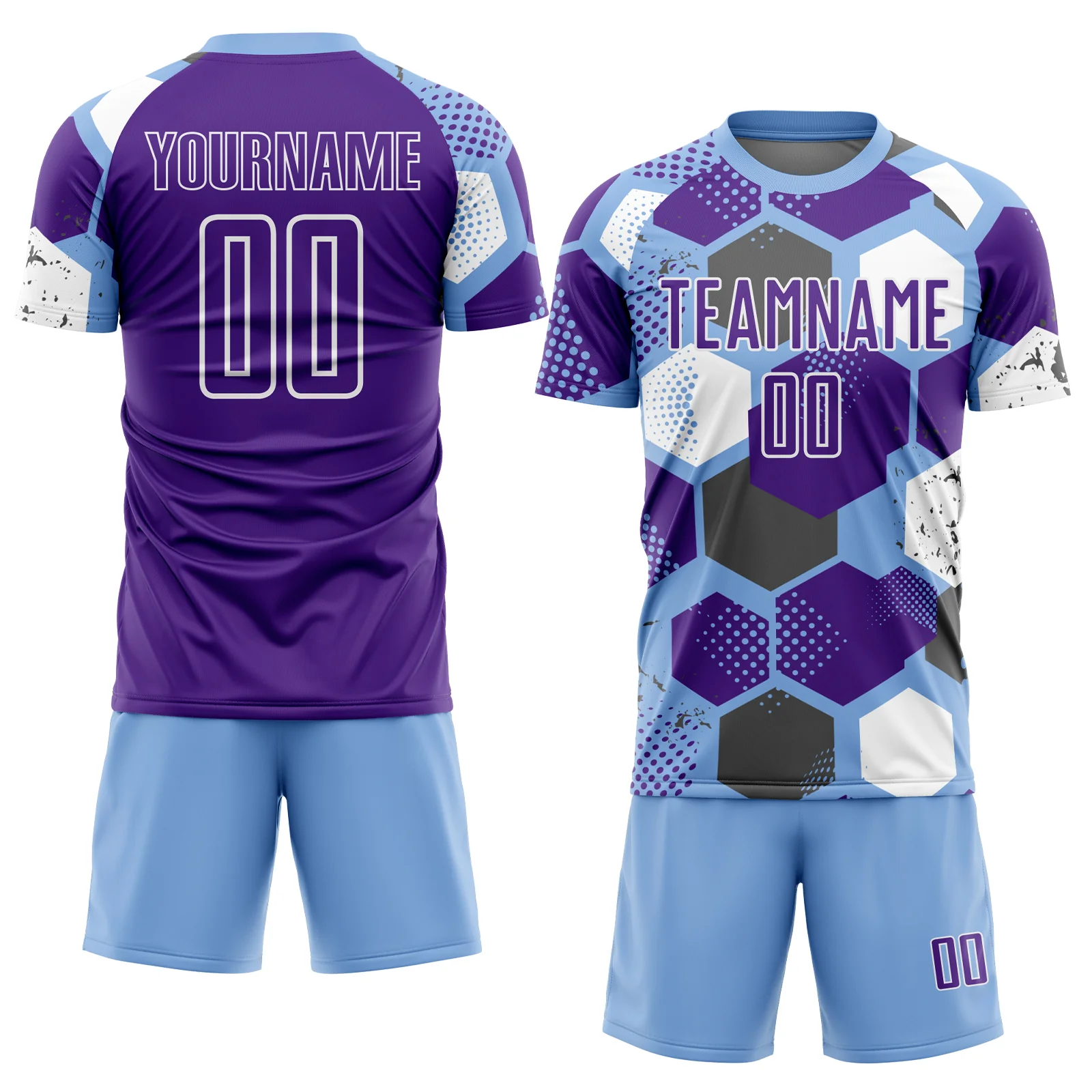 Custom Light Blue Purple-White Geometric Shape Sublimation Soccer Uniform Jersey - Image 2