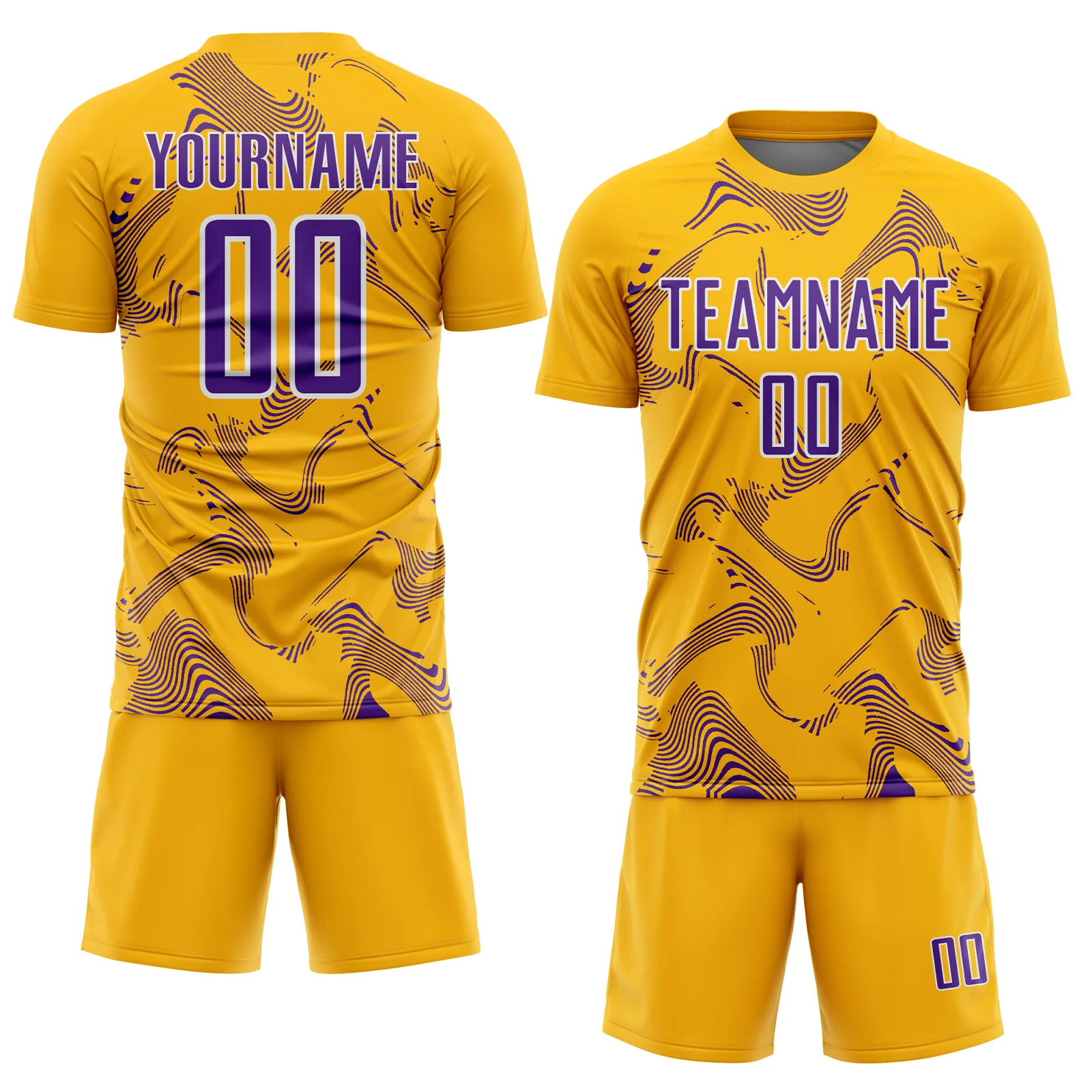 Custom Gold Purple-White Curve Lines Sports Sublimation Soccer Uniform Jersey - Image 2