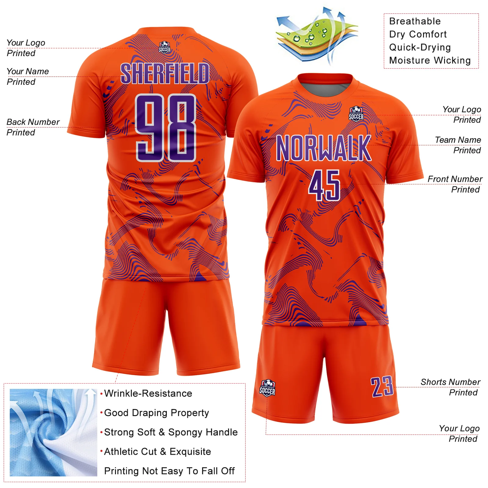 Custom Orange Purple-White Curve Lines Sports Sublimation Soccer Uniform Jersey - Image 4