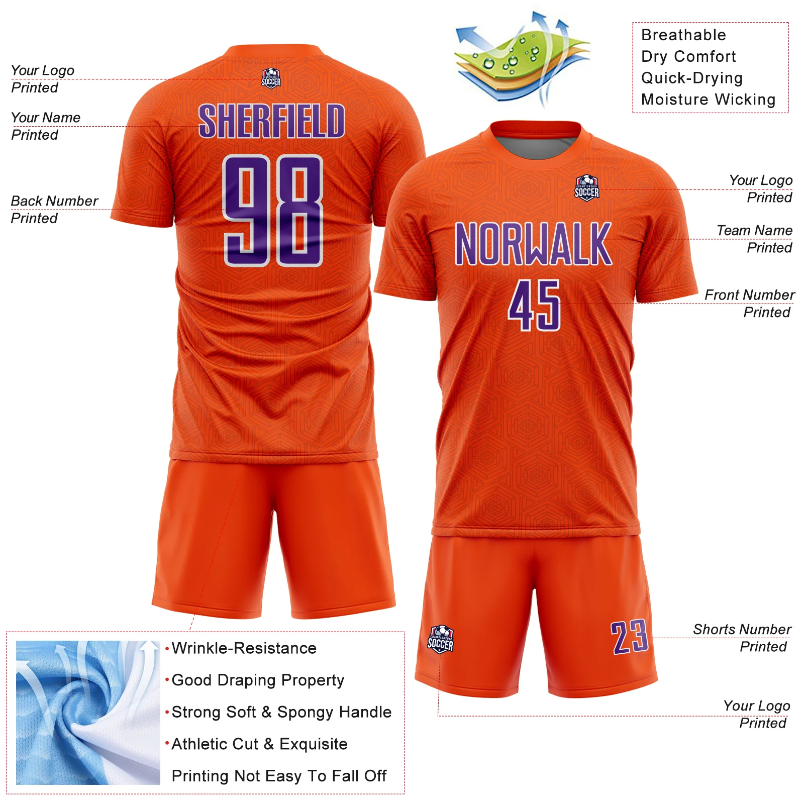 Custom Orange Purple-White Geometric Shape Sports Sublimation Soccer Uniform Jersey - Image 4