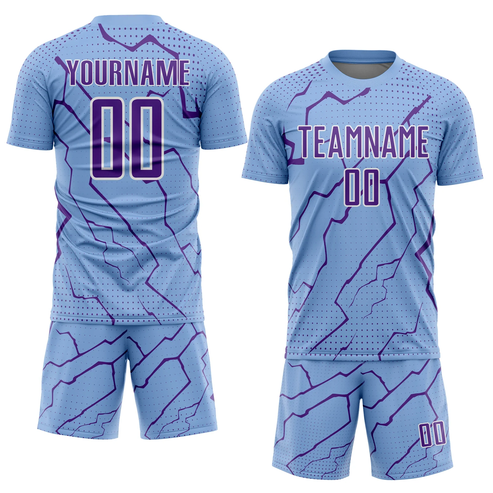 Custom Light Blue Purple-White Lightning Sports Sublimation Soccer Uniform Jersey - Image 2