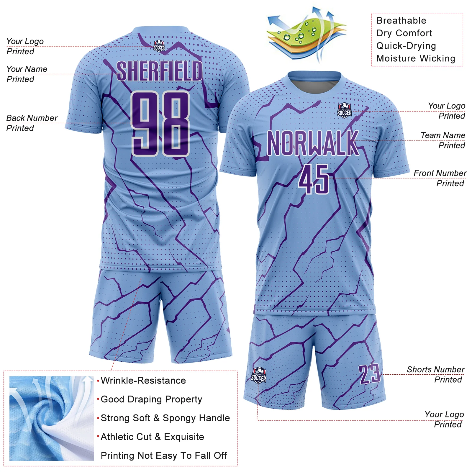 Custom Light Blue Purple-White Lightning Sports Sublimation Soccer Uniform Jersey - Image 4
