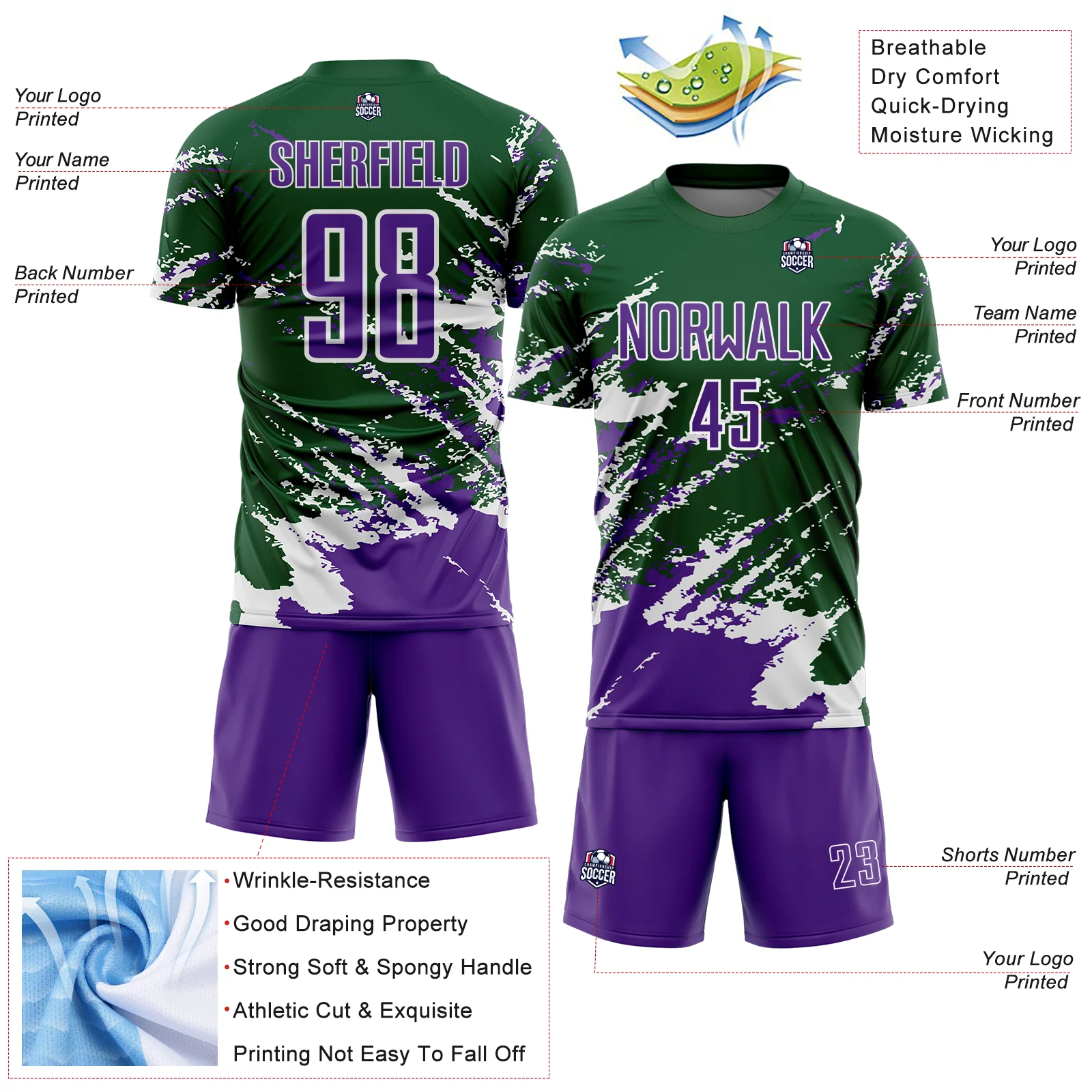 Custom Green Purple-White Abstract Fragment Art Splash Sports Sublimation Soccer Uniform Jersey - Image 4