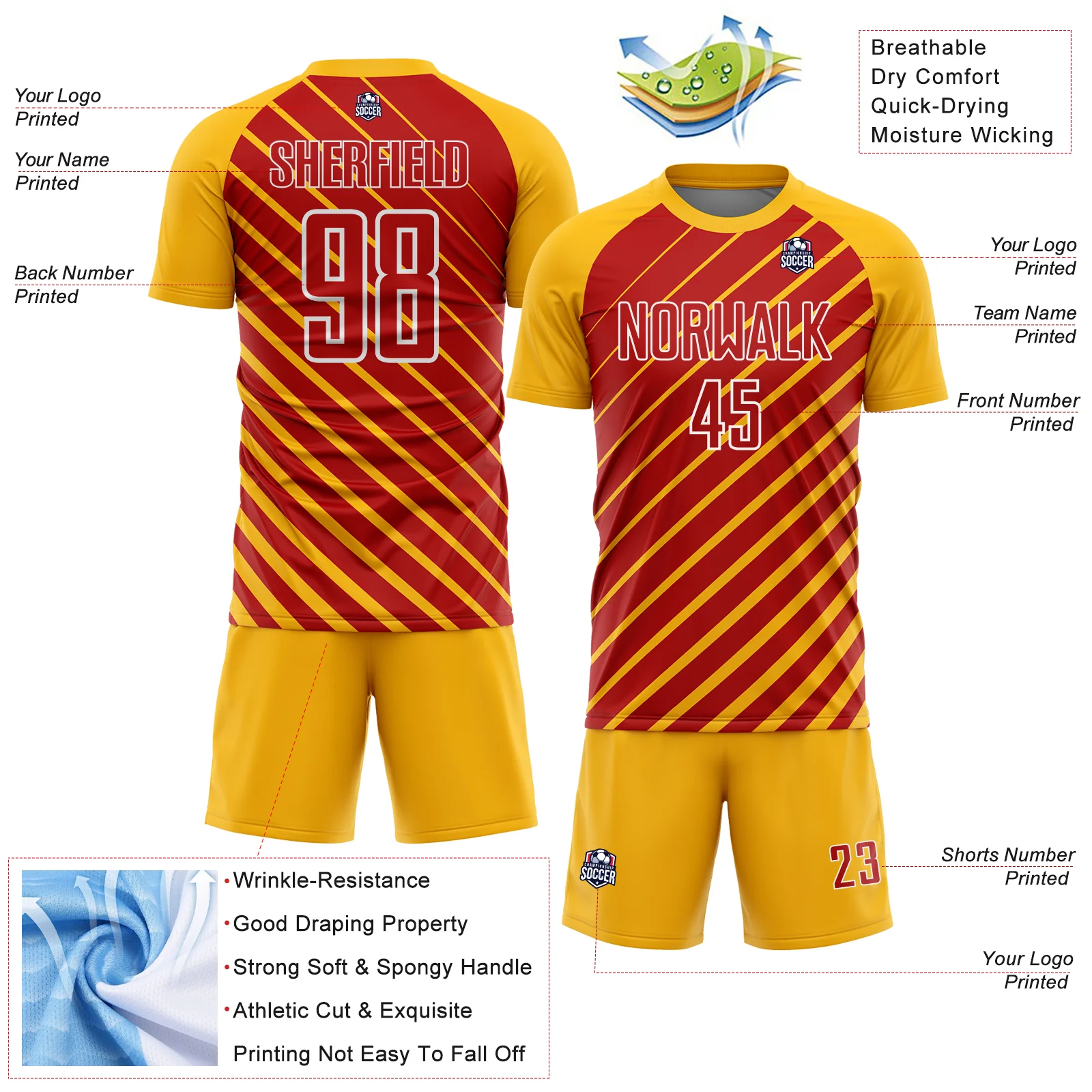 Custom Gold Red-White Lines Sublimation Soccer Uniform Jersey - Image 4