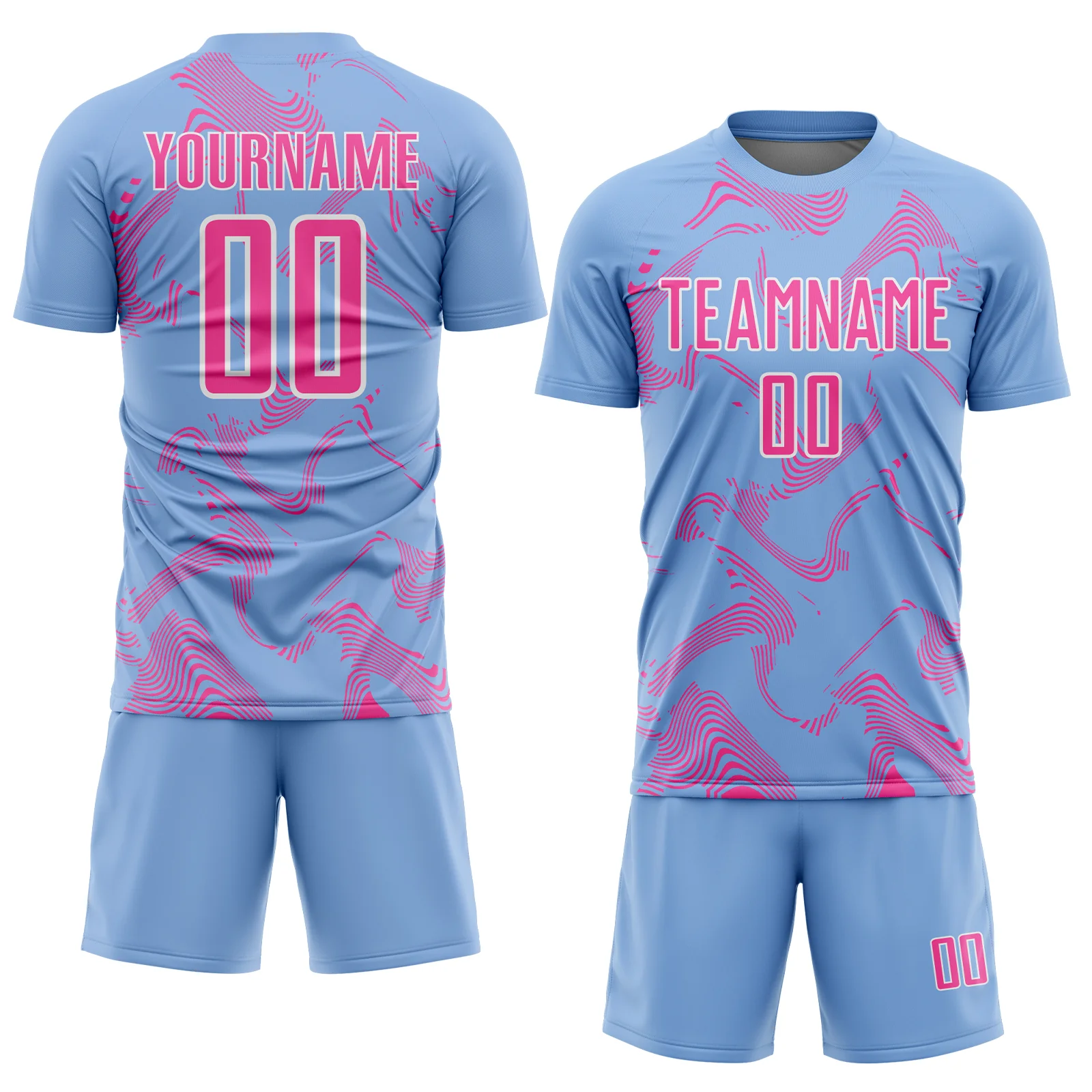 Custom Light Blue Red-White Curve Lines Sports Sublimation Soccer Uniform Jersey - Image 2