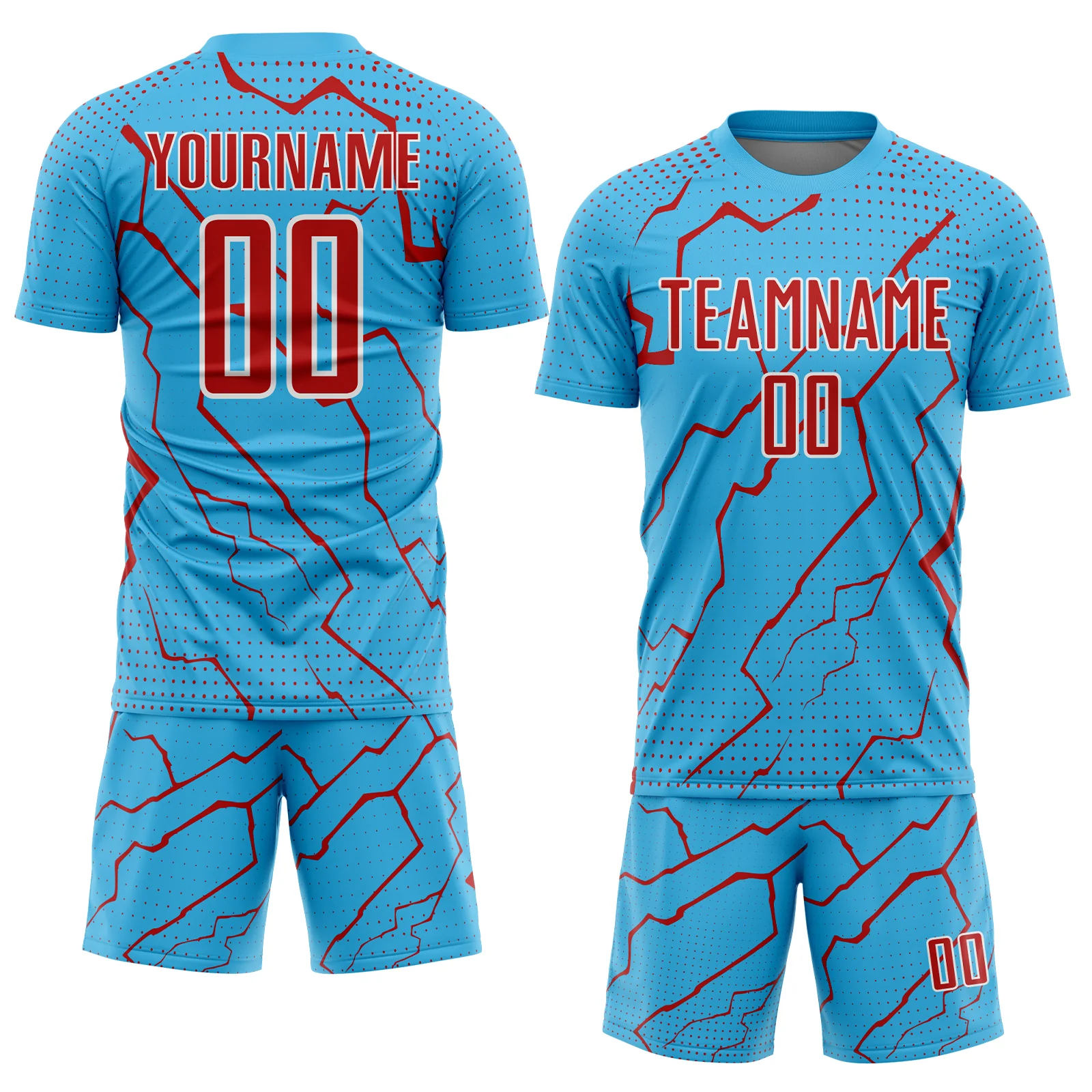 Custom Sky Blue Red-White Lightning Sports Sublimation Soccer Uniform Jersey - Image 2