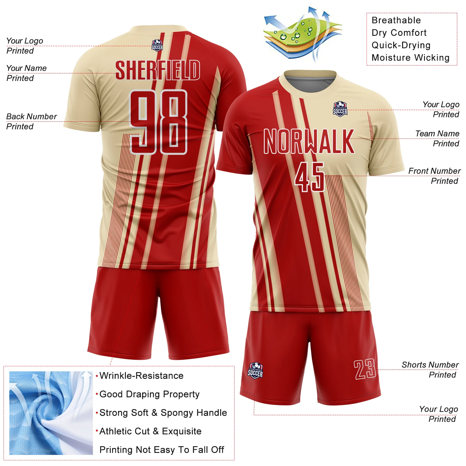 Custom Cream Red-White Lines Sports Sublimation Soccer Uniform Jersey - Image 4