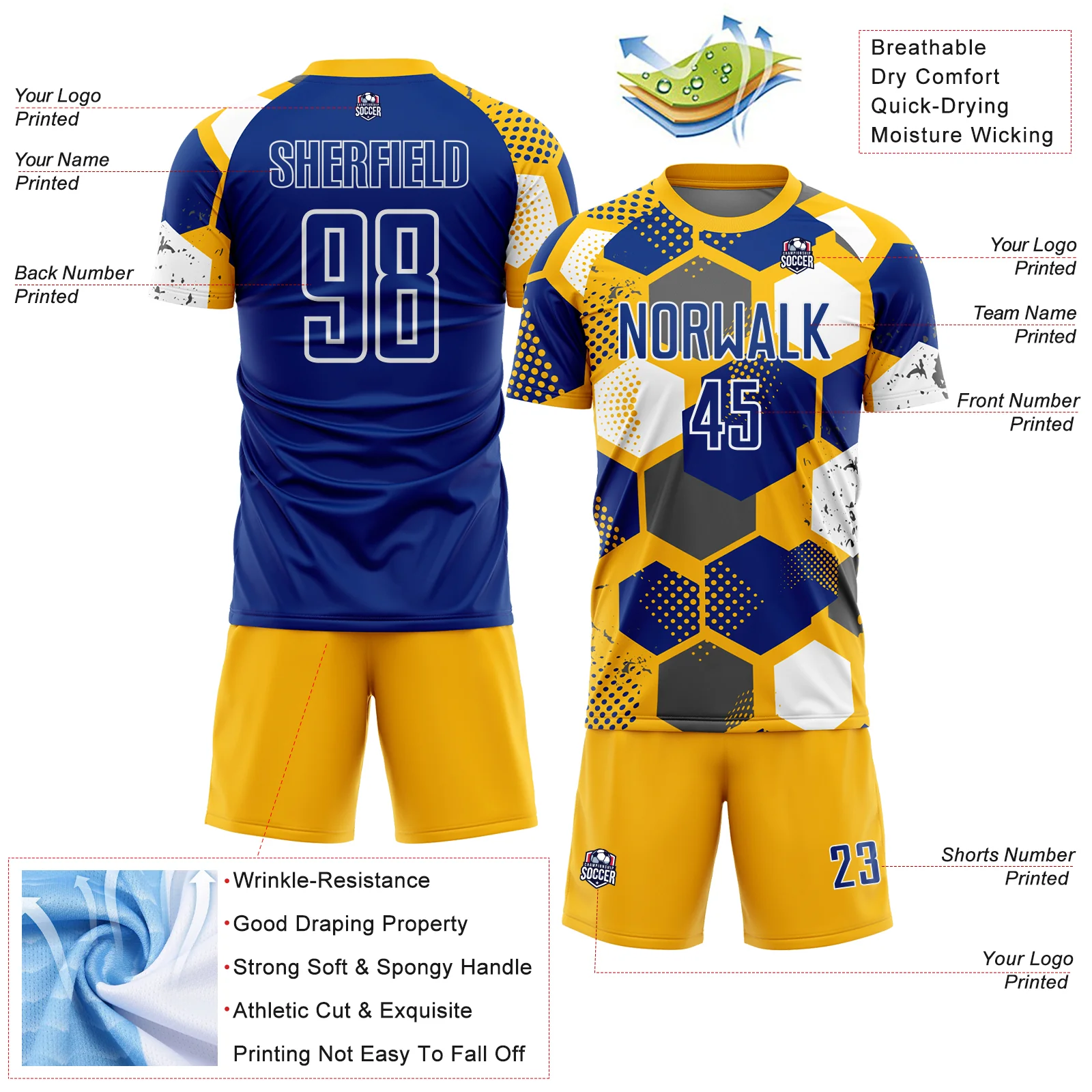 Custom Gold Royal-White Geometric Shape Sublimation Soccer Uniform Jersey - Image 4