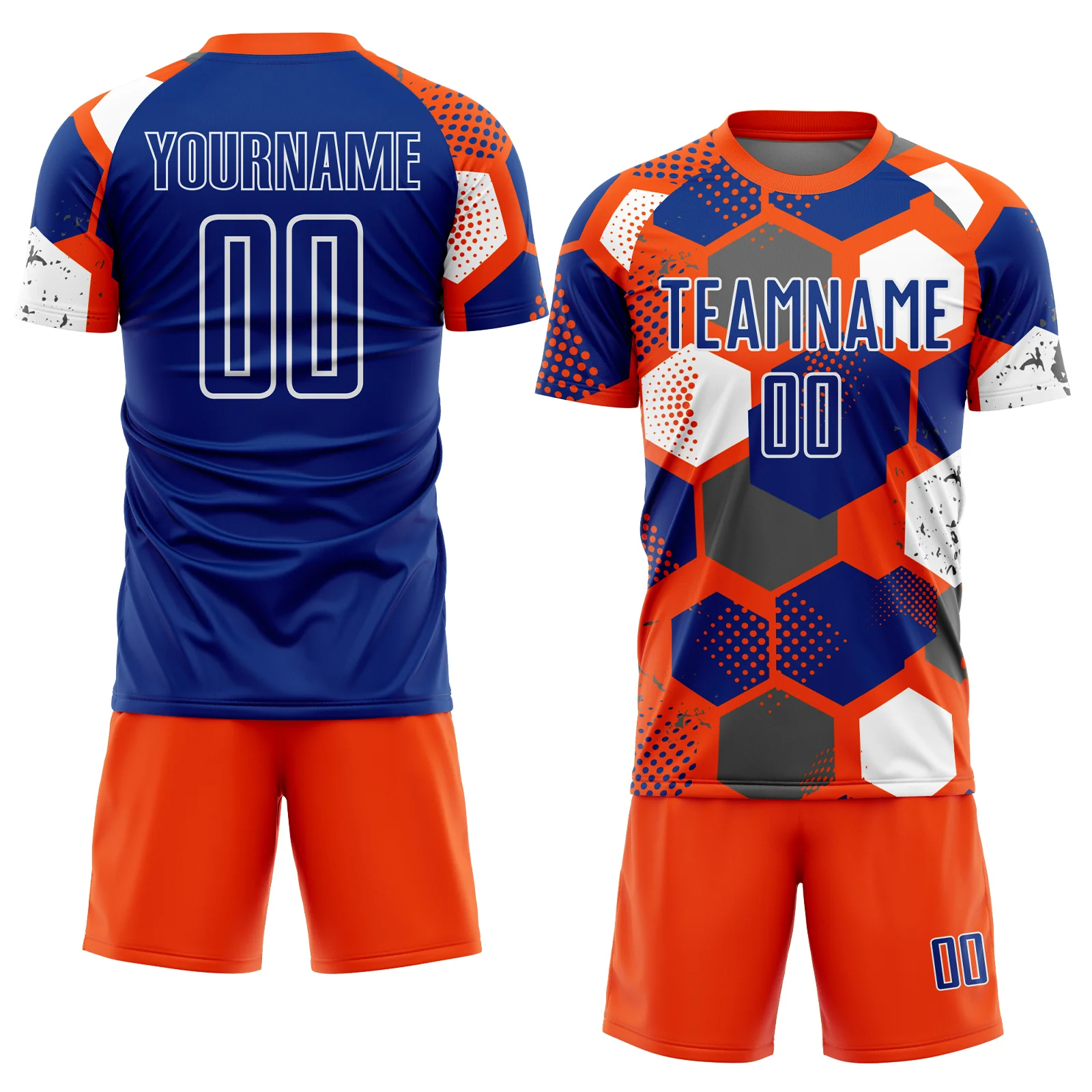 Custom Orange Royal-White Geometric Shape Sublimation Soccer Uniform Jersey - Image 2
