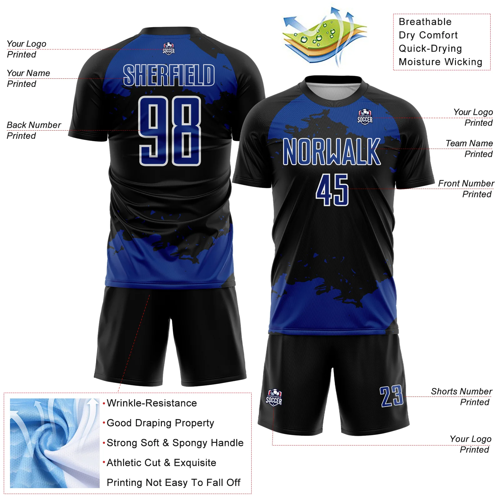 Custom Black Royal-White Abstract Fragment Art Sublimation Soccer Uniform Jersey - Image 4