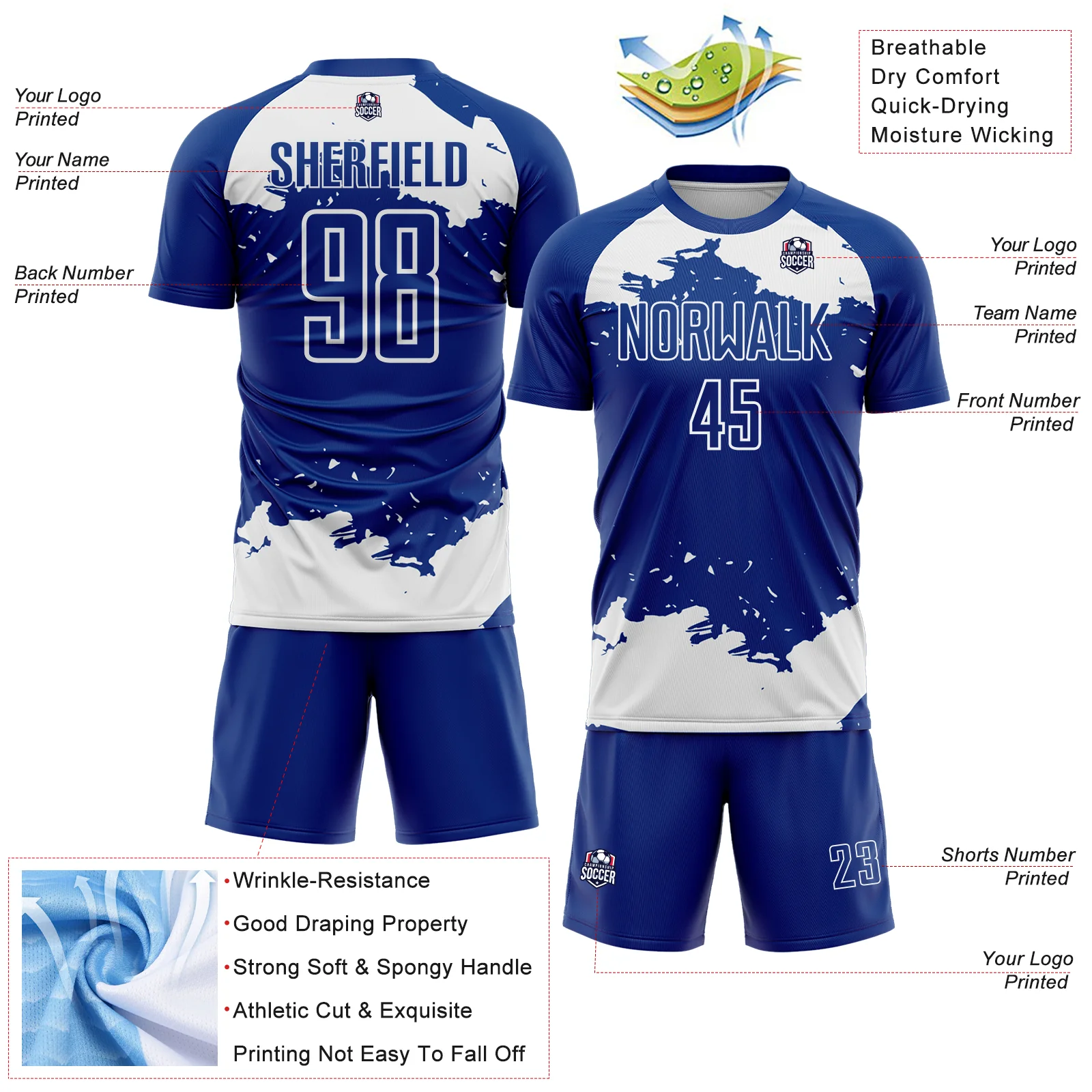 Custom Royal White Abstract Fragment Art Sublimation Soccer Uniform Jersey - Image 4