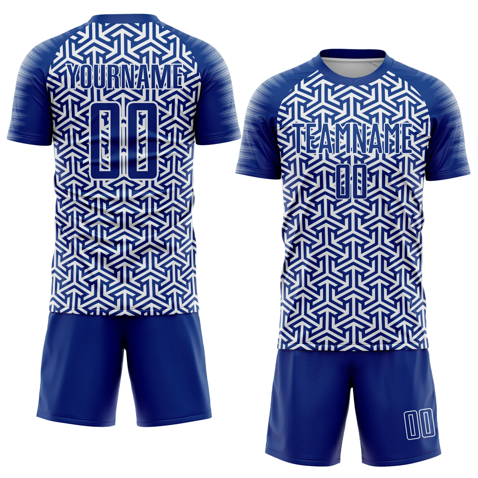 Custom Royal White Geometric Arrow Sublimation Soccer Uniform Jersey - Image 2